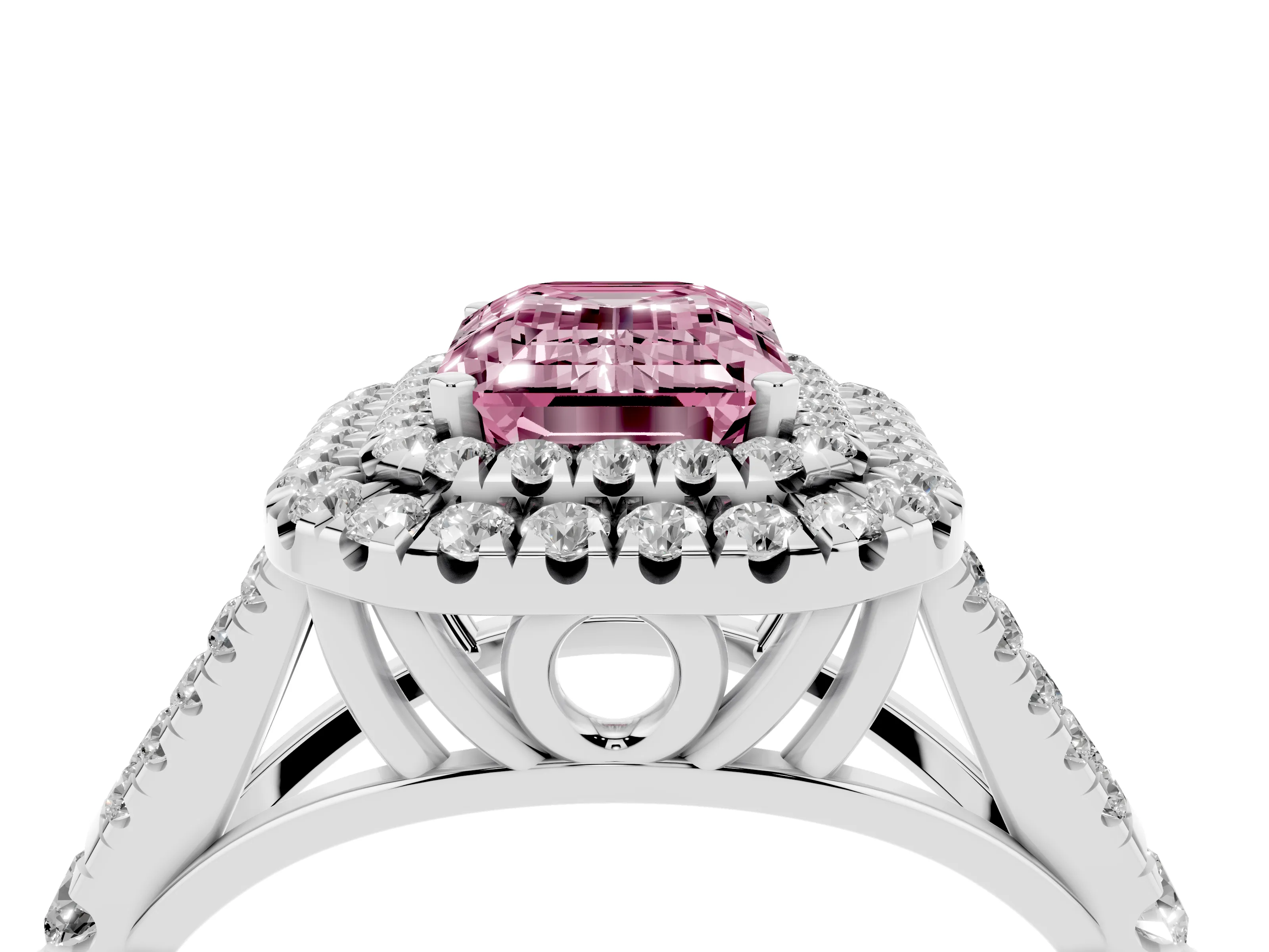 Fancy Pink Emerald Cut Diamond Pavé Split Shank Double Halo Engagement Ring Set in Silver