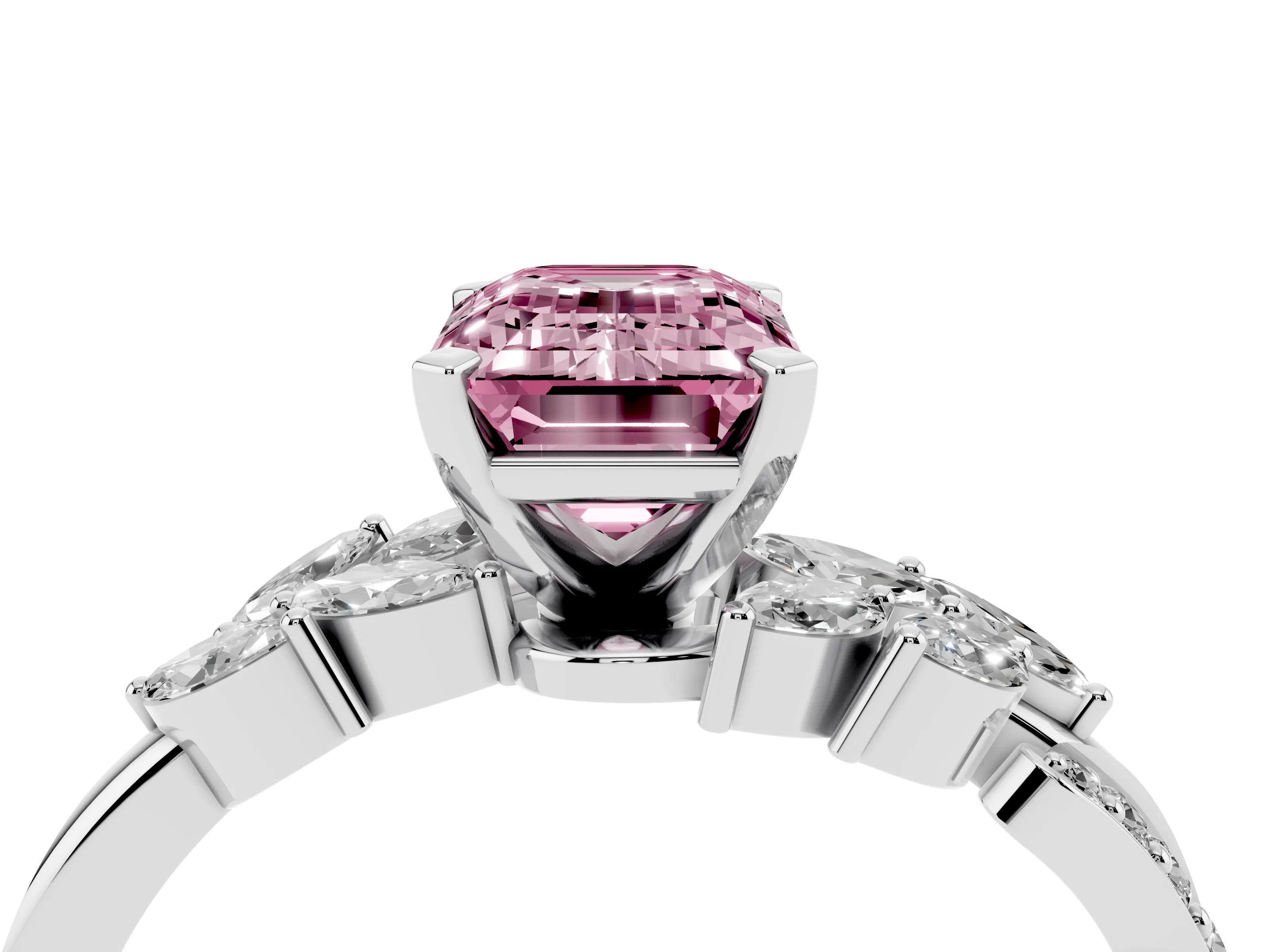 Fancy Pink Emerald Cut Diamond Solitaire Ring Set in Silver with Marquise Twist Band and Prong Setting