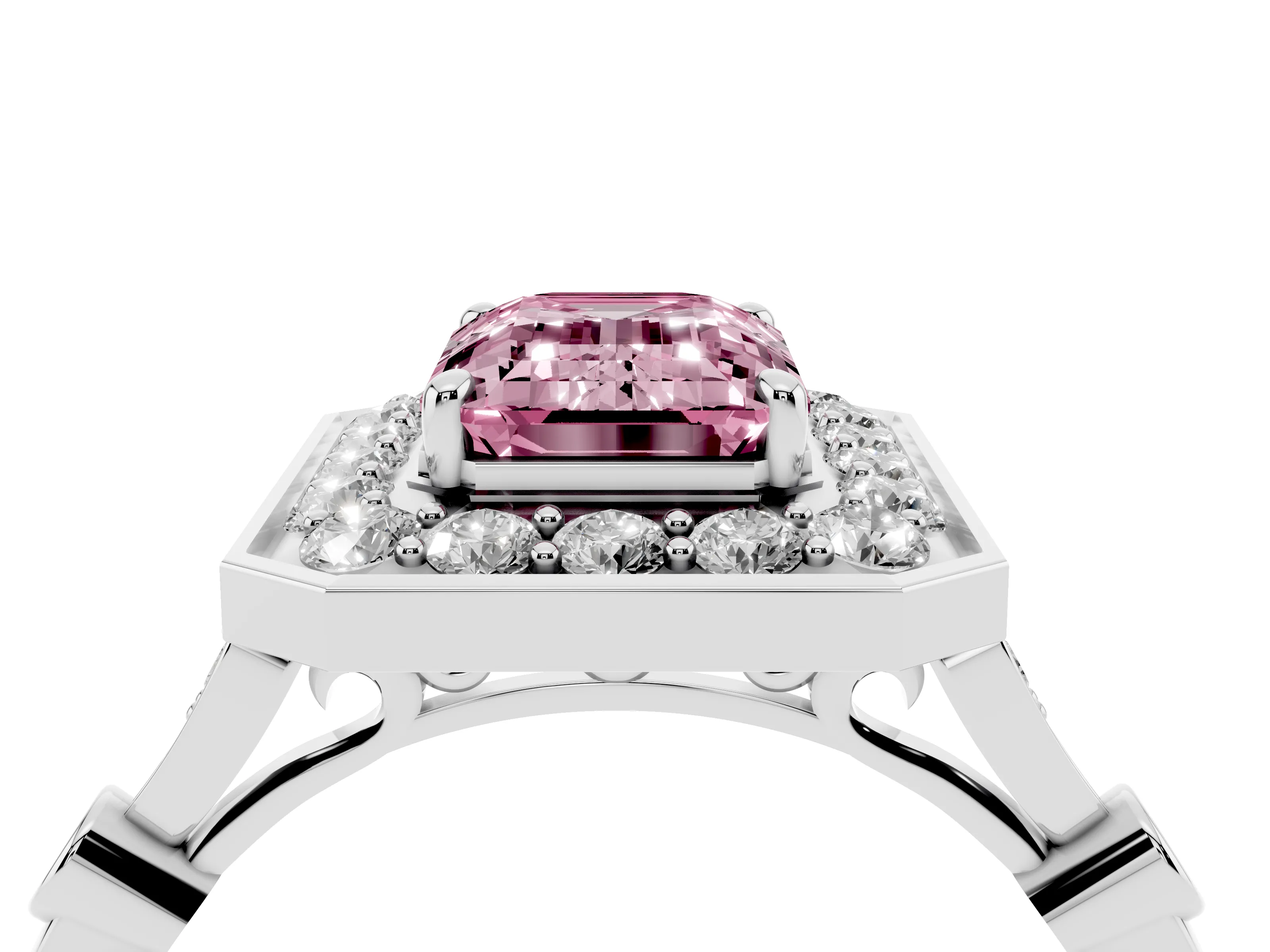 Fancy Pink Emerald Cut Diamond Halo Engagement Ring Set in Platinum with Twisted Band and Prong Setting