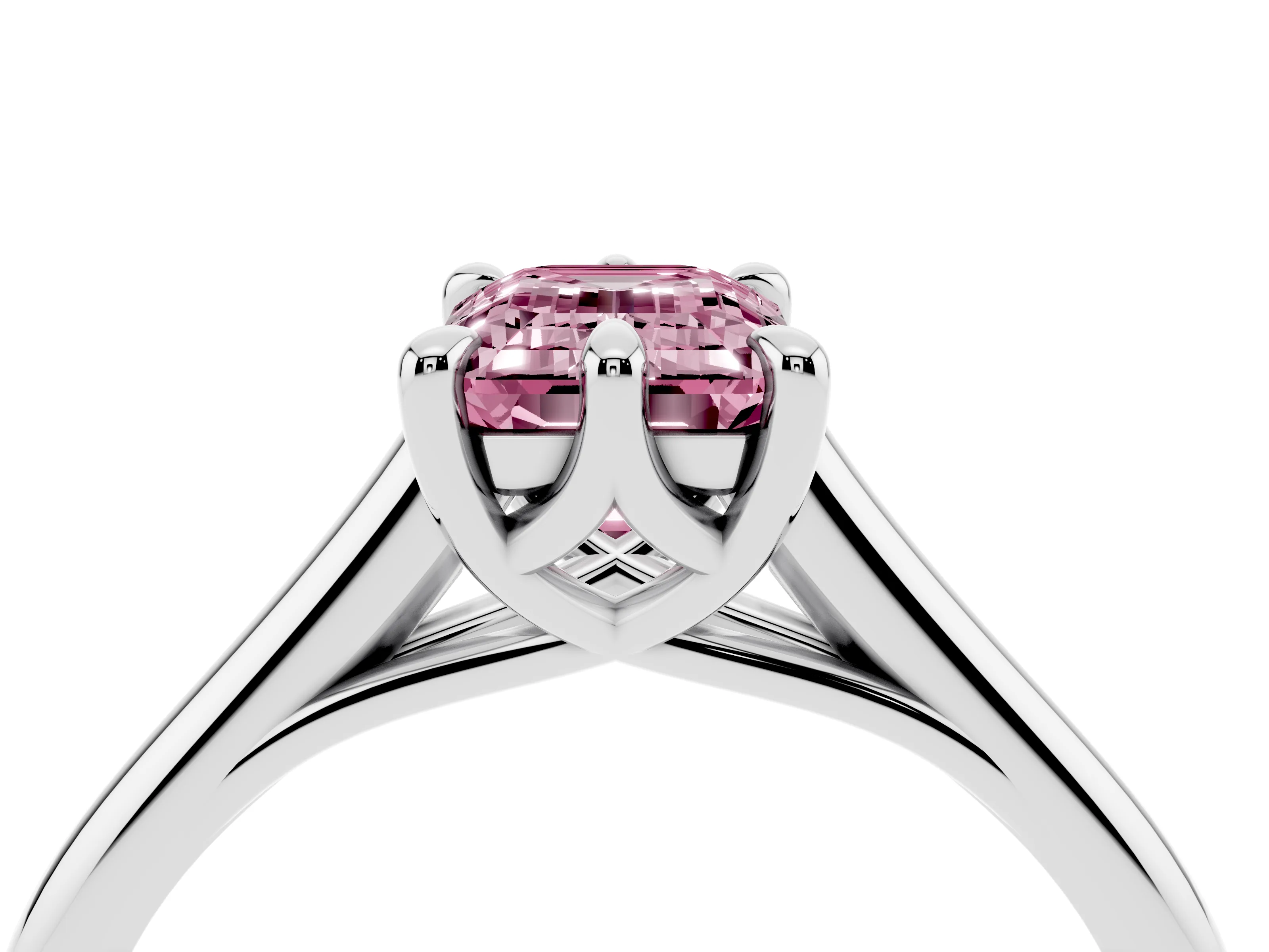 Fancy Pink Emerald Cut Diamond Solitaire Engagement Ring Set in Silver with Prong Setting and Plain Classic Band