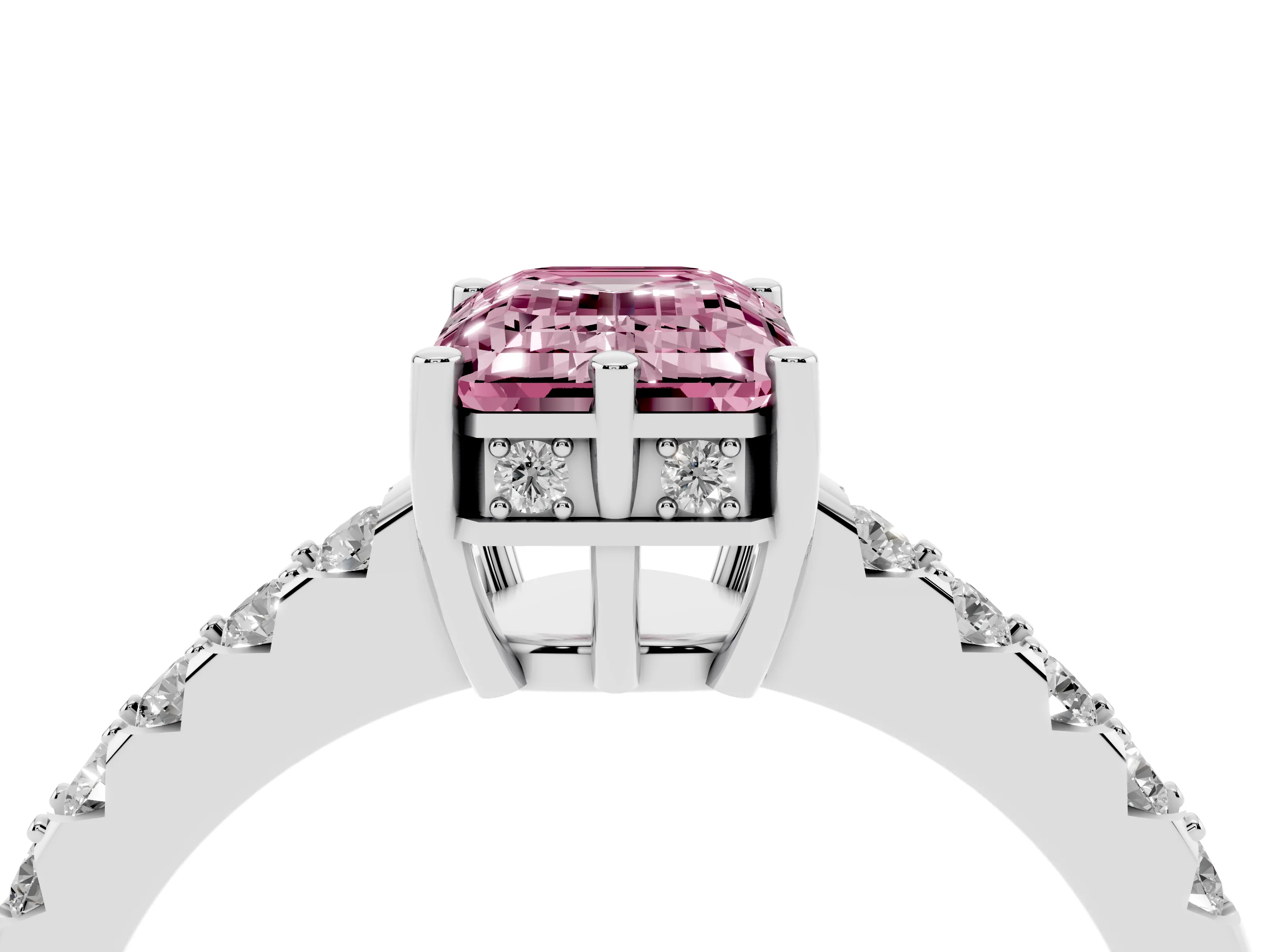 Fancy Pink Emerald Cut Diamond Solitaire Engagement Ring Set in Silver with Pavé Band and Prong Setting