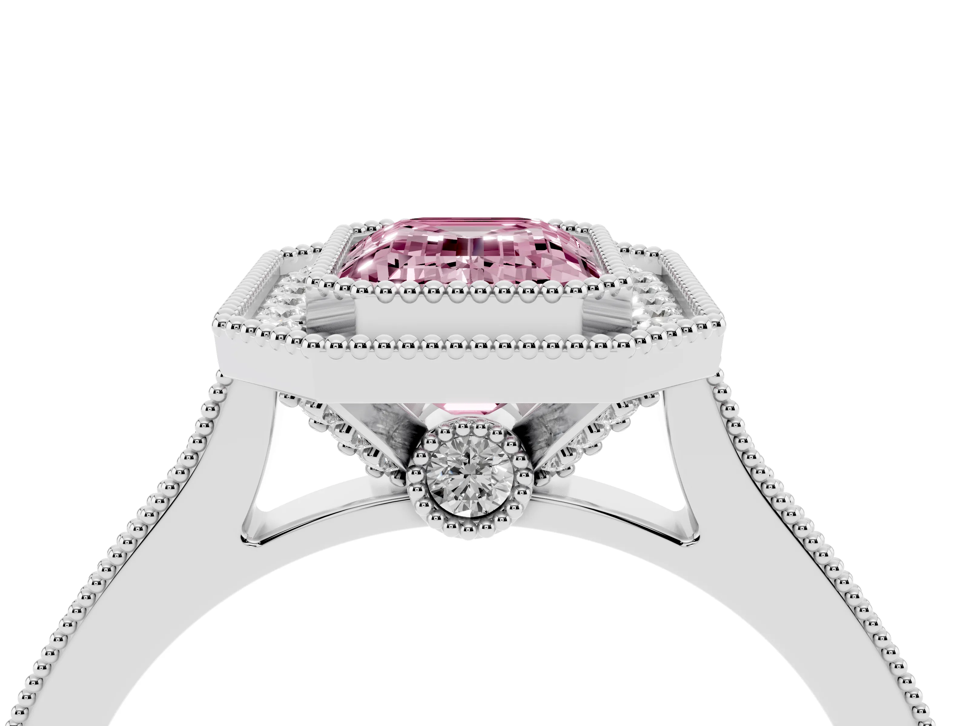 Fancy Pink Emerald Cut Diamond Halo Milgrain Pavé Band Ring Set in Platinum with Prong Setting
