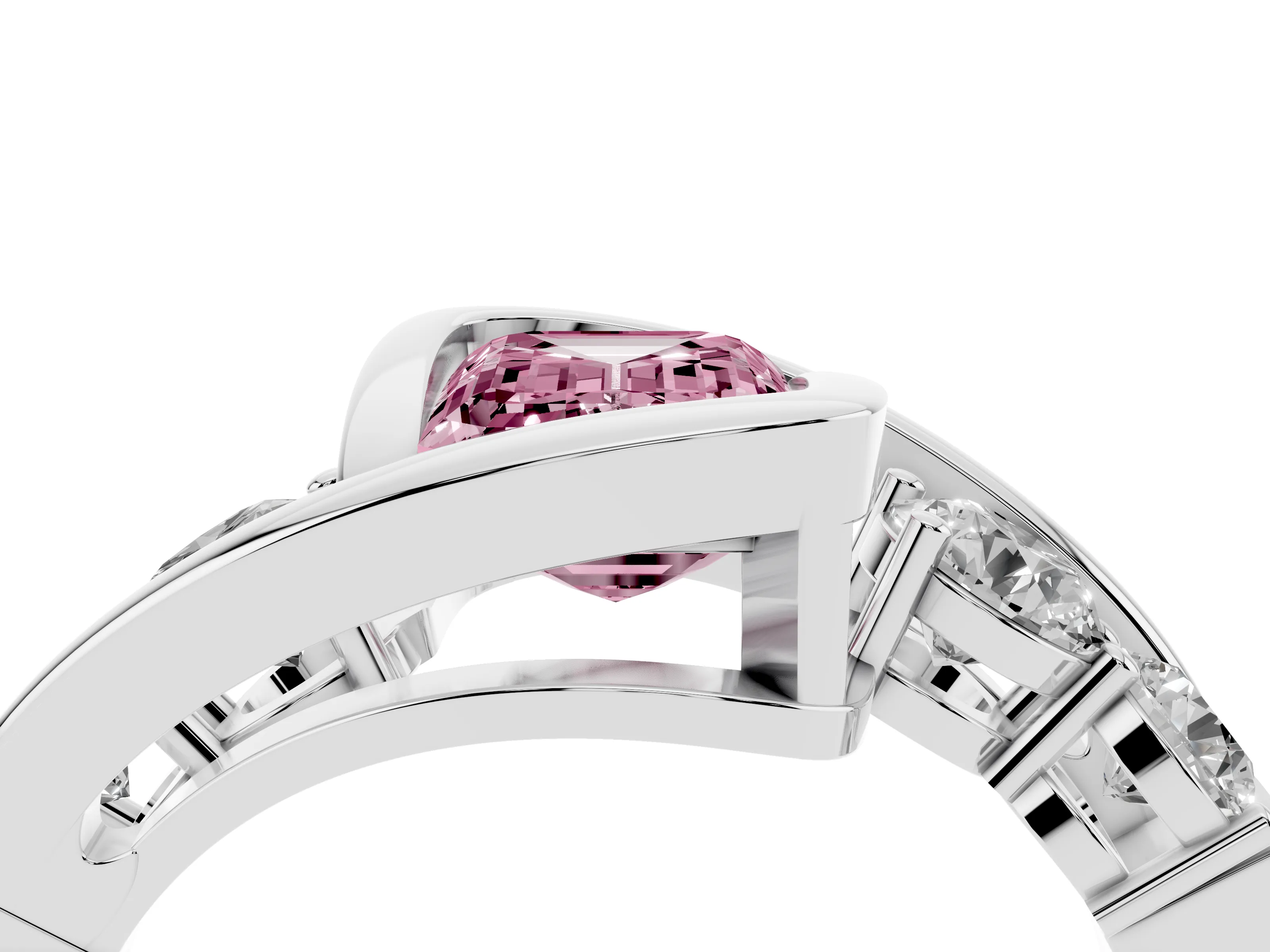 Fancy Pink Emerald Cut Diamond Bezel Bypass Ring Set in Silver with Round Accents