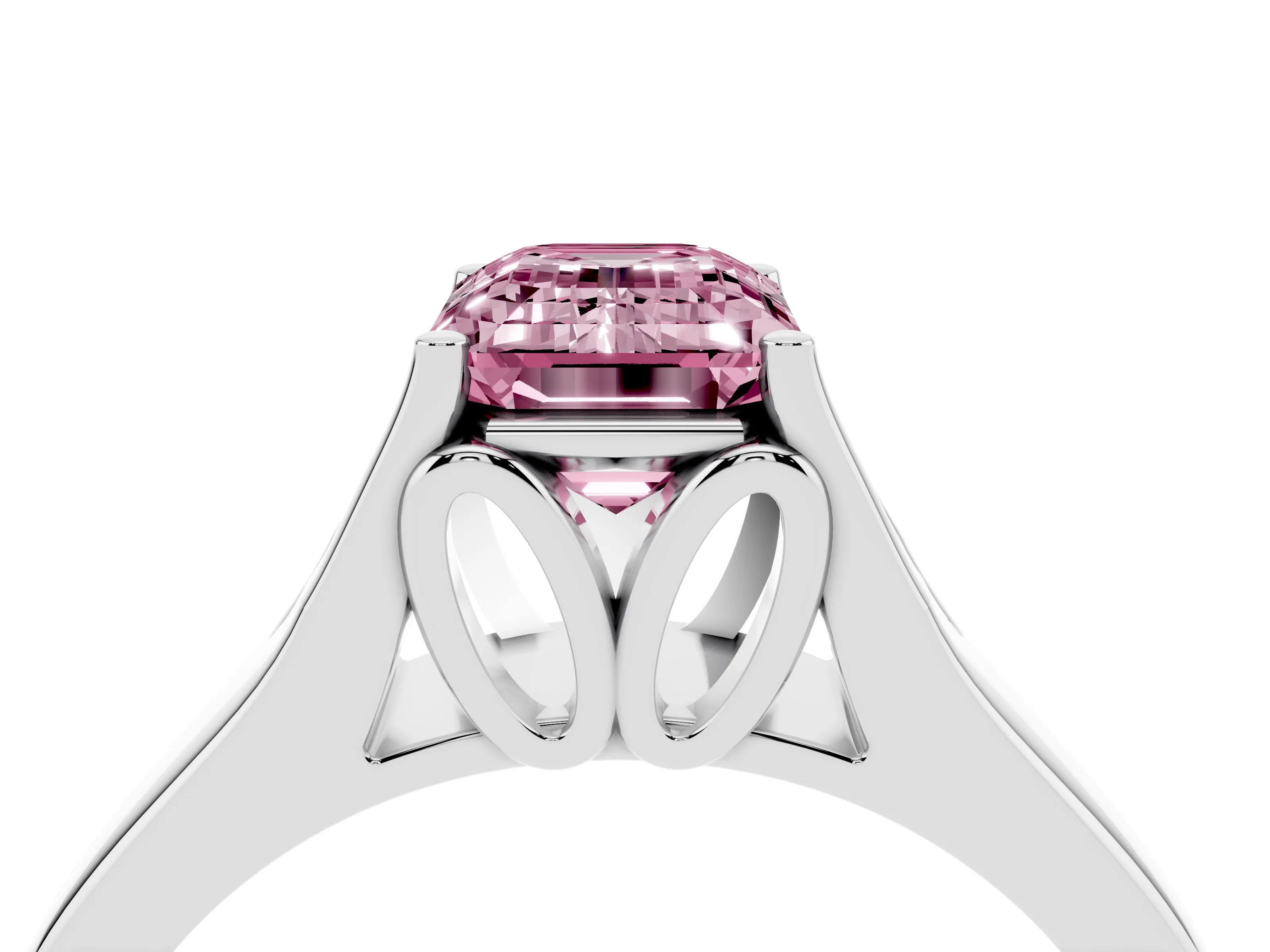 Fancy Pink Emerald Cut Diamond Solitaire Ring Set in White gold with Arched Cathedral Band and Prong Setting