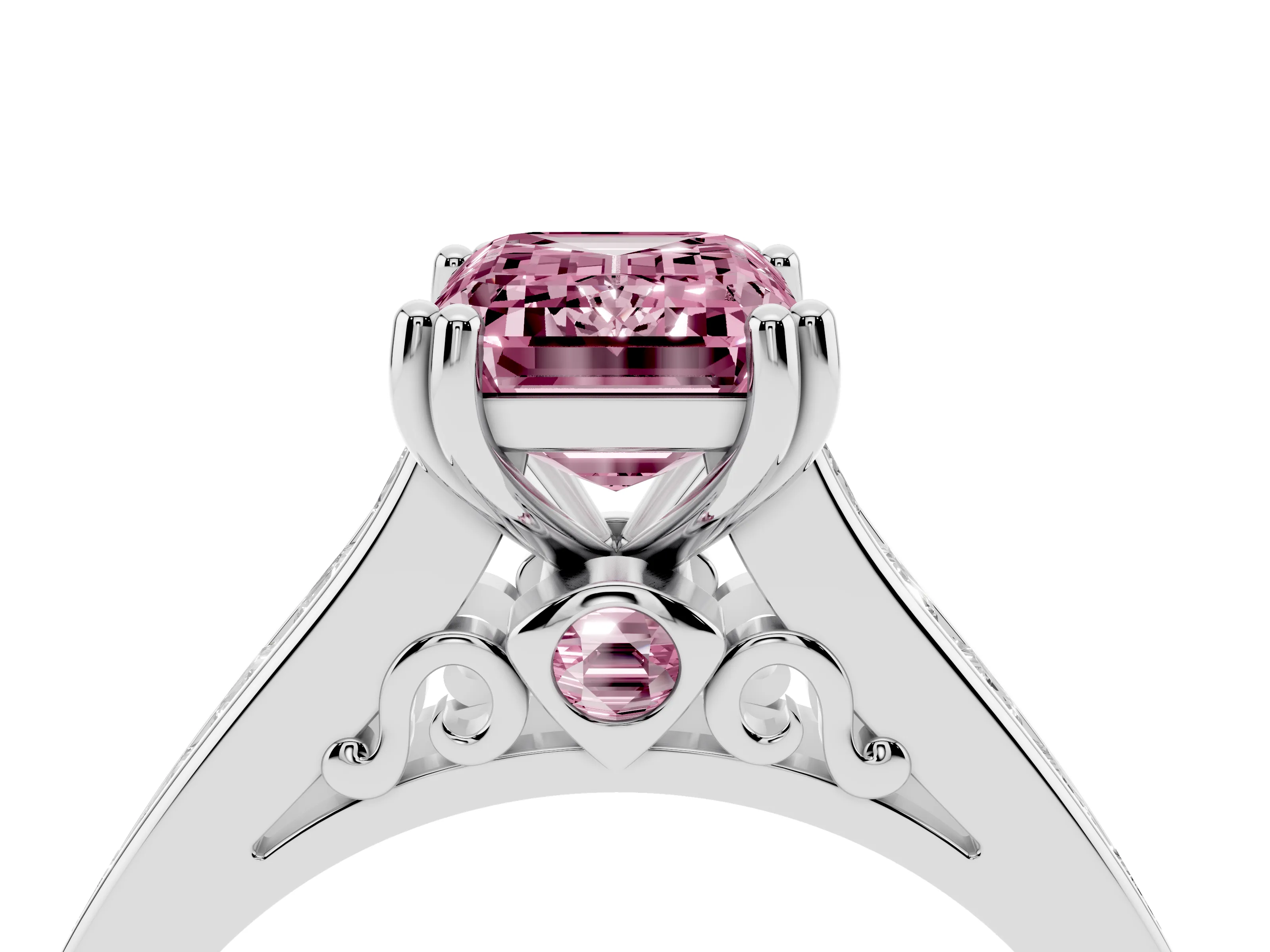 Fancy Pink Emerald Cut Diamond Channel Set Solitaire Engagement Ring Set in Silver with Prong Setting