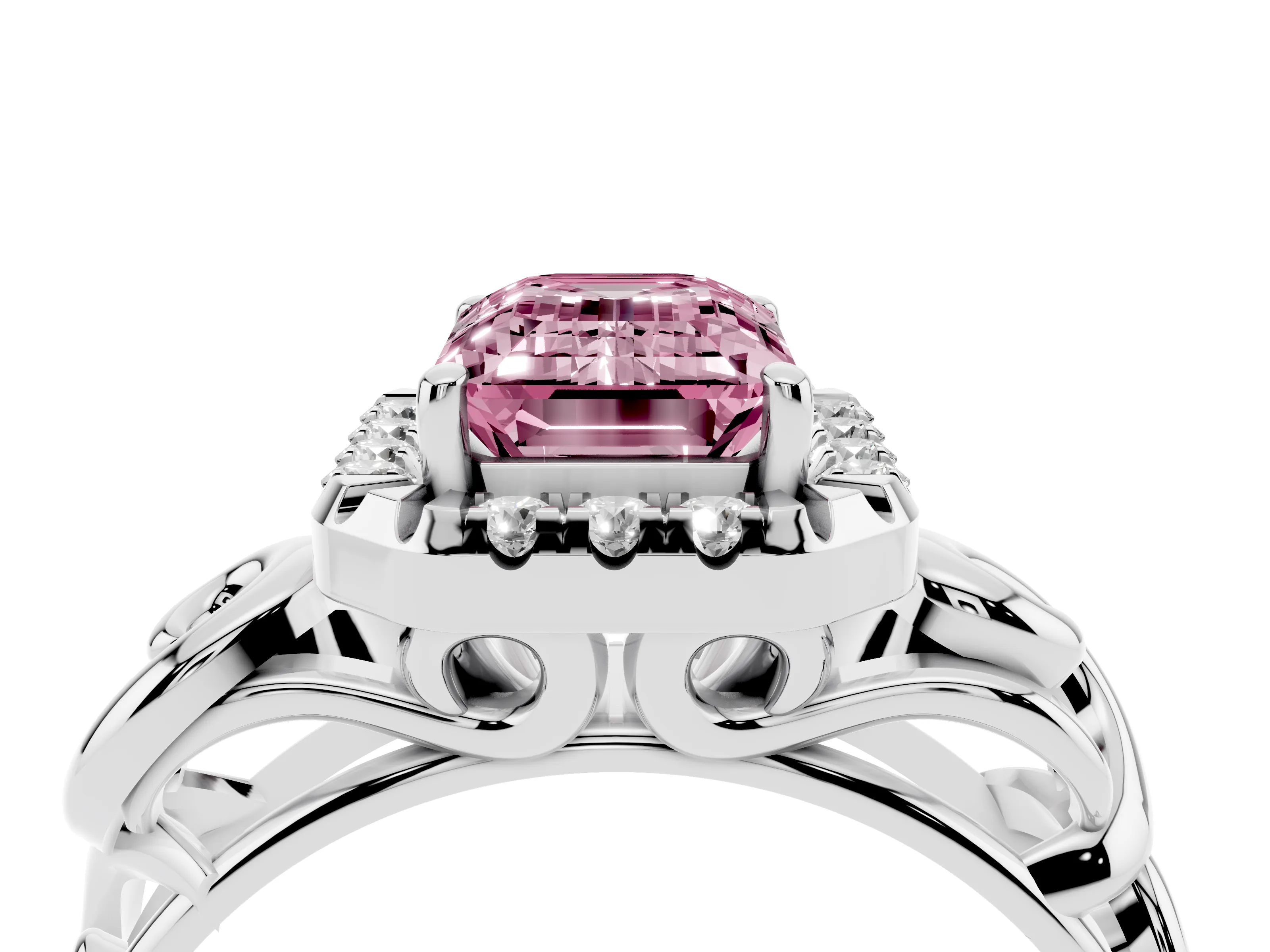 Fancy Pink Emerald Cut Diamond Halo Ring Set in Platinum with Scrollwork Band and Prong Setting