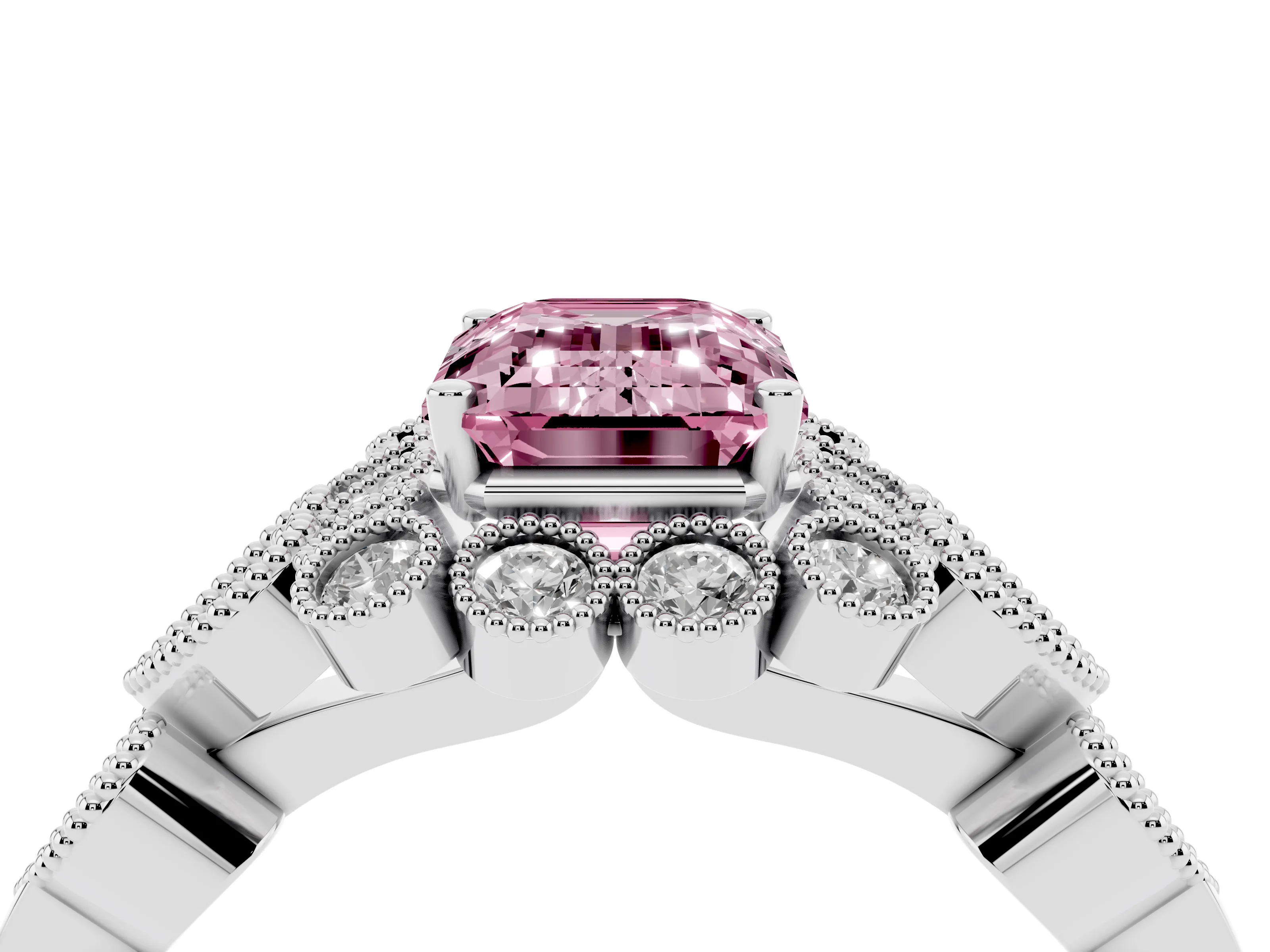 Fancy Pink Emerald Cut Diamond Solitaire Ring Set in Platinum with Milgrain Pavé Heart Band