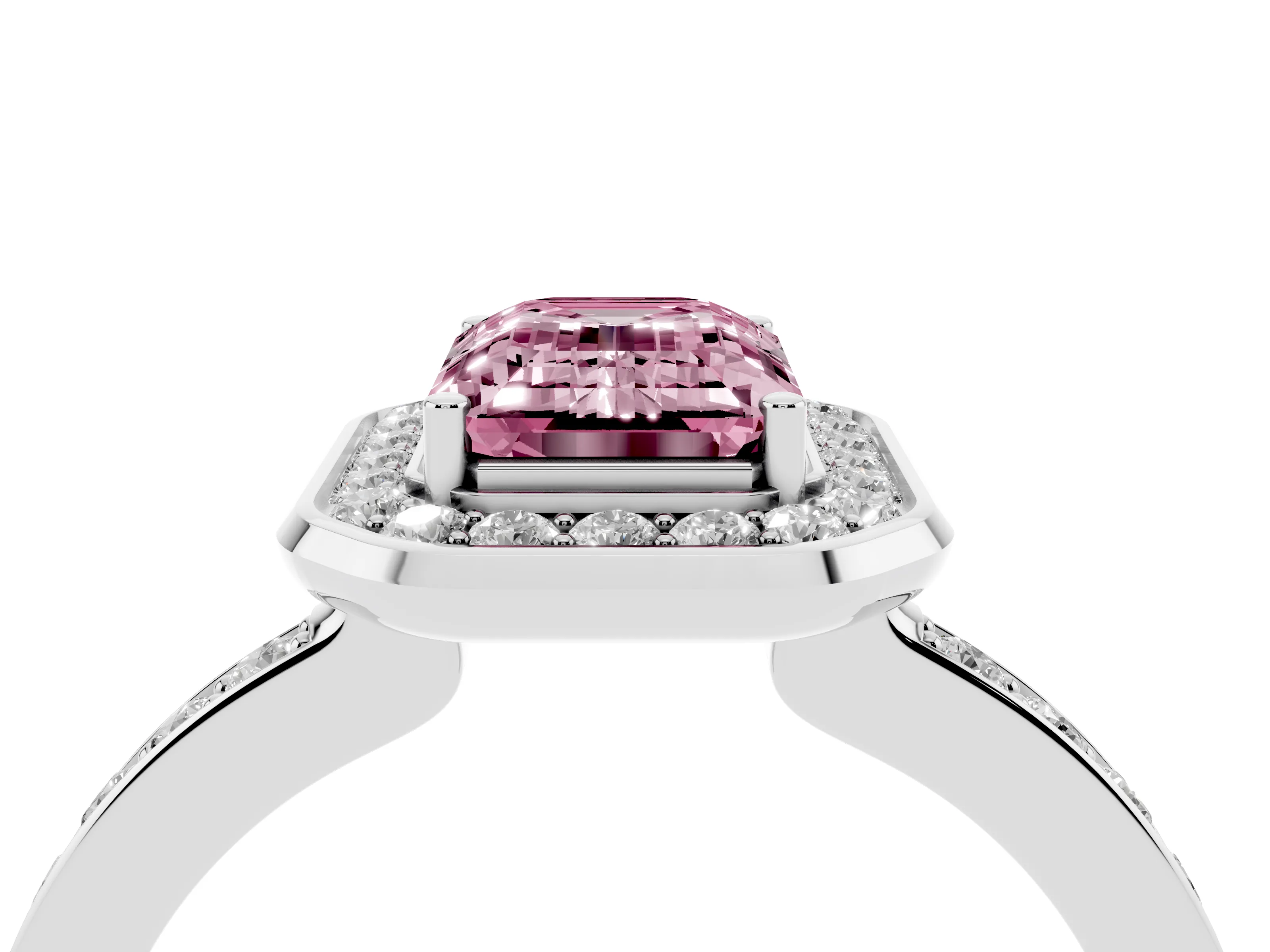 Fancy Pink Emerald Cut Diamond Halo Ring Set in White gold with Bezel Frame and Pavé Band