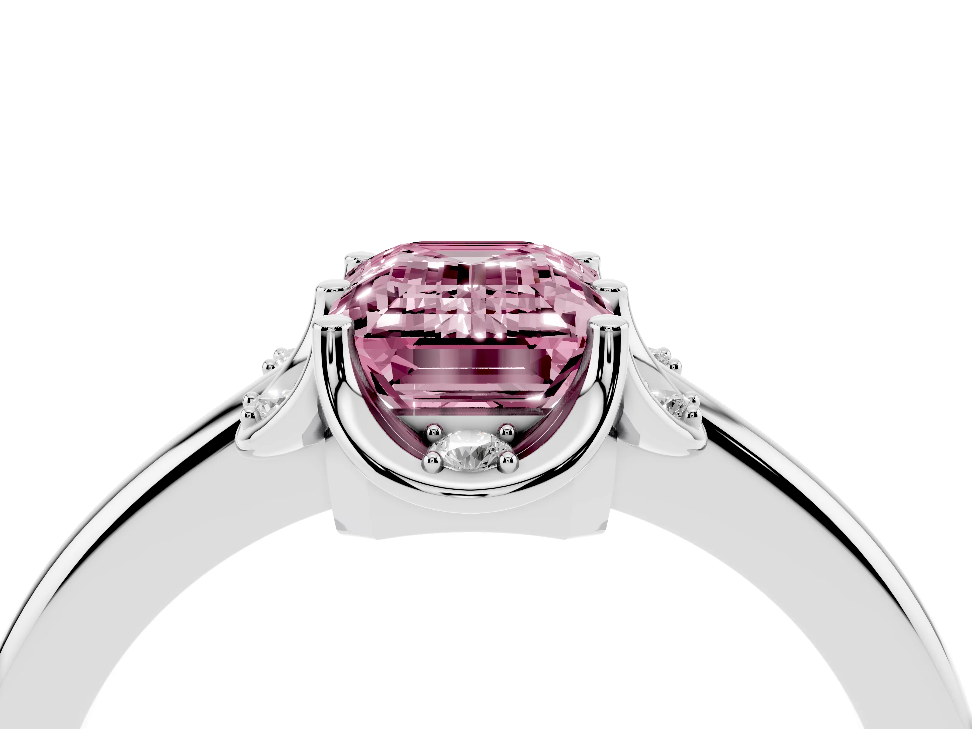 Fancy Pink Emerald Cut Diamond Round Cluster Halo Ring Set in Silver with Solitaire Band and Prong Setting