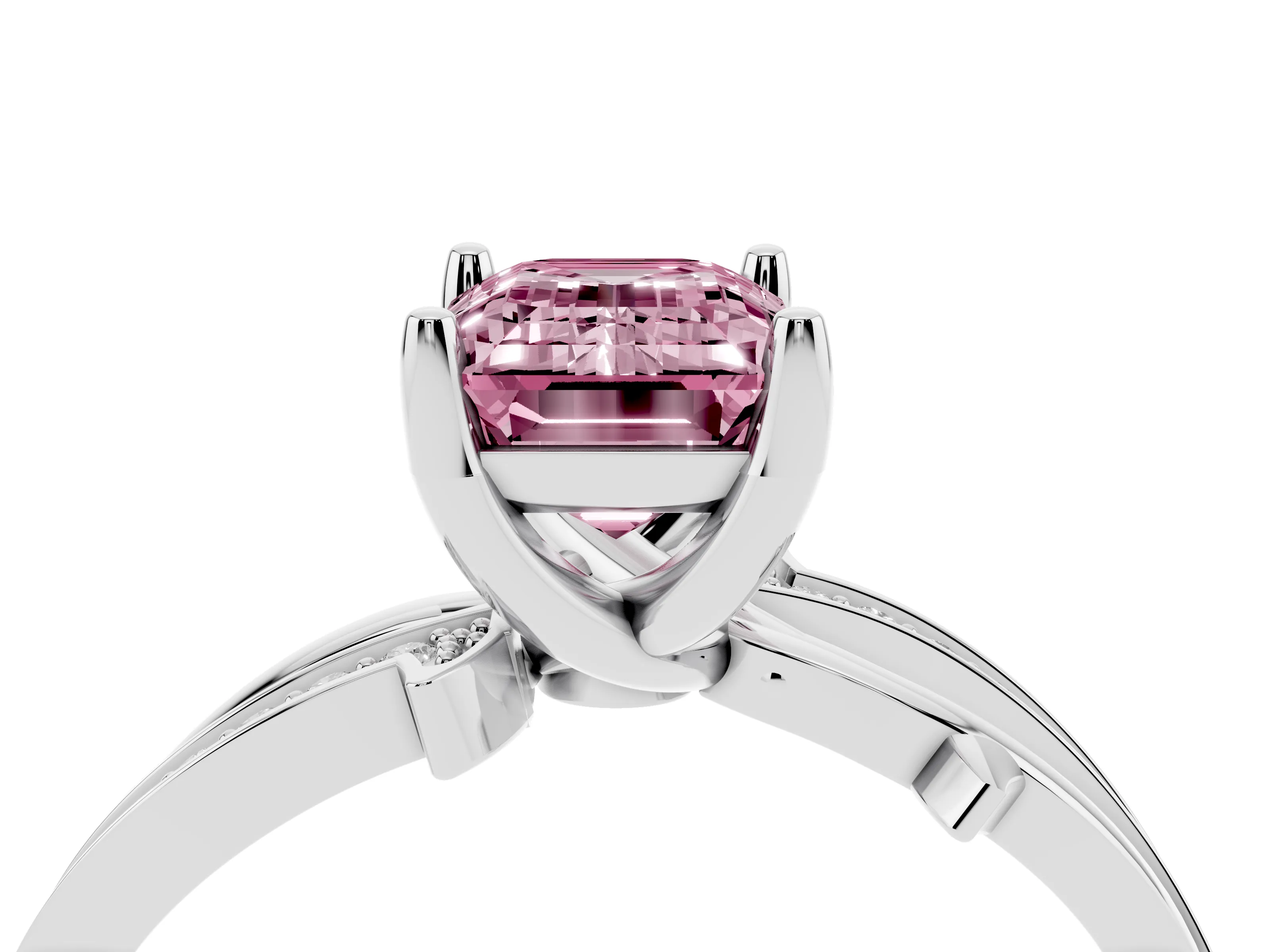 Fancy Pink Emerald Cut Diamond Pavé Twist Band Solitaire Ring Set in Platinum with Prong Setting