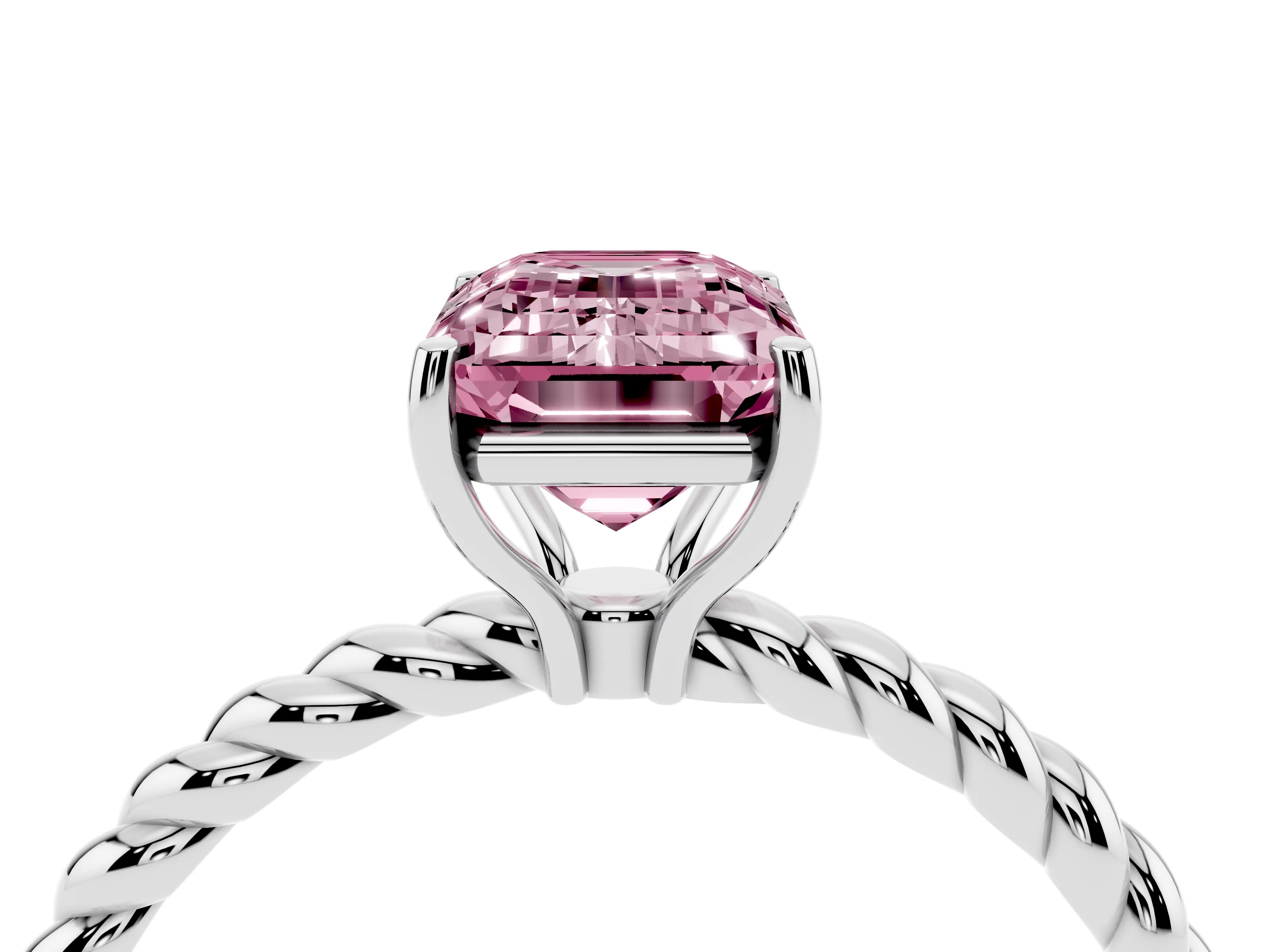 Fancy Pink Emerald Cut Diamond Solitaire Ring Set in White gold with Twist Band and Prong Setting