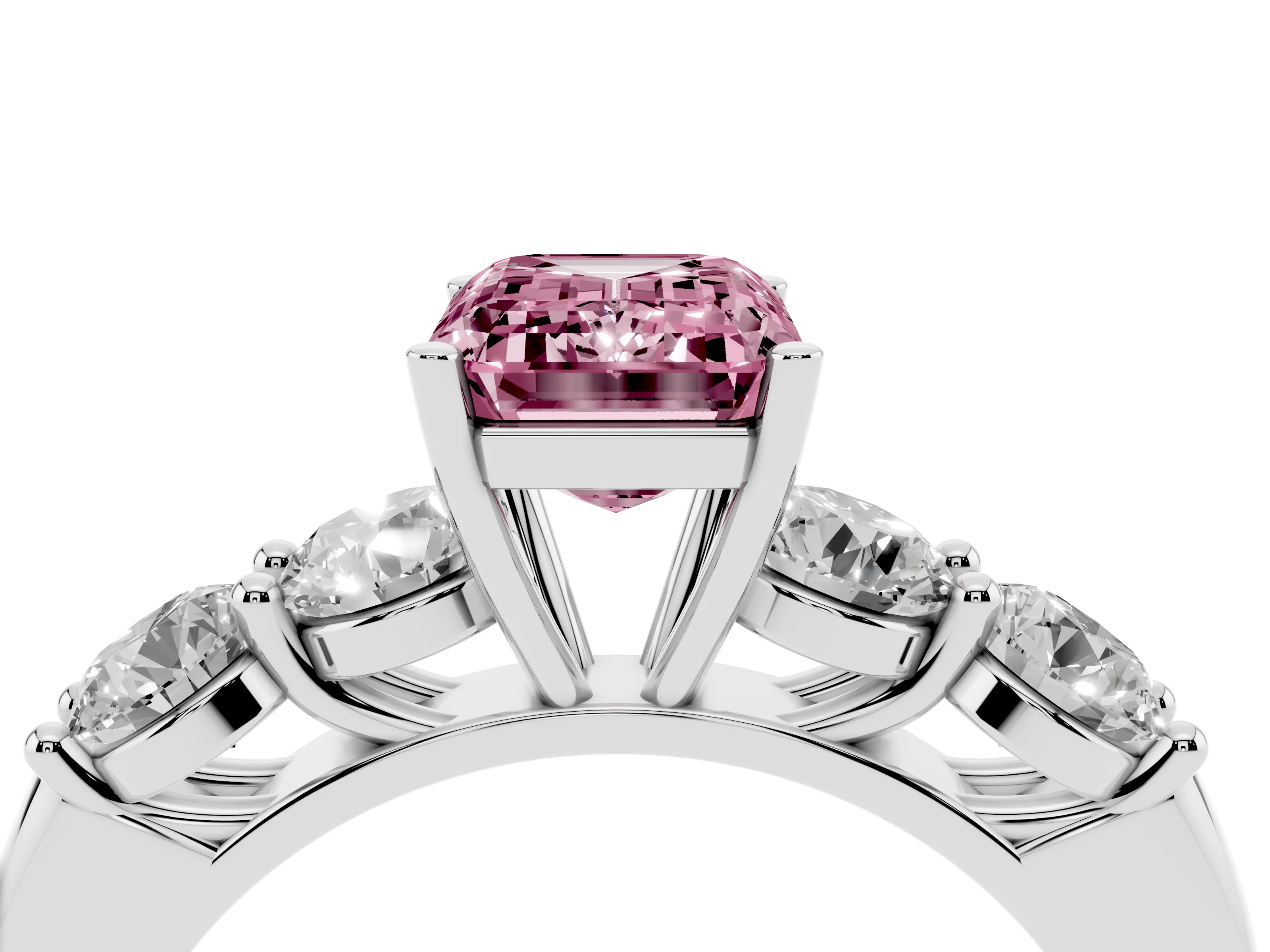 Fancy Pink Emerald Cut Diamond Five-Stone Prong Set Ring Set in White gold with Classic Band