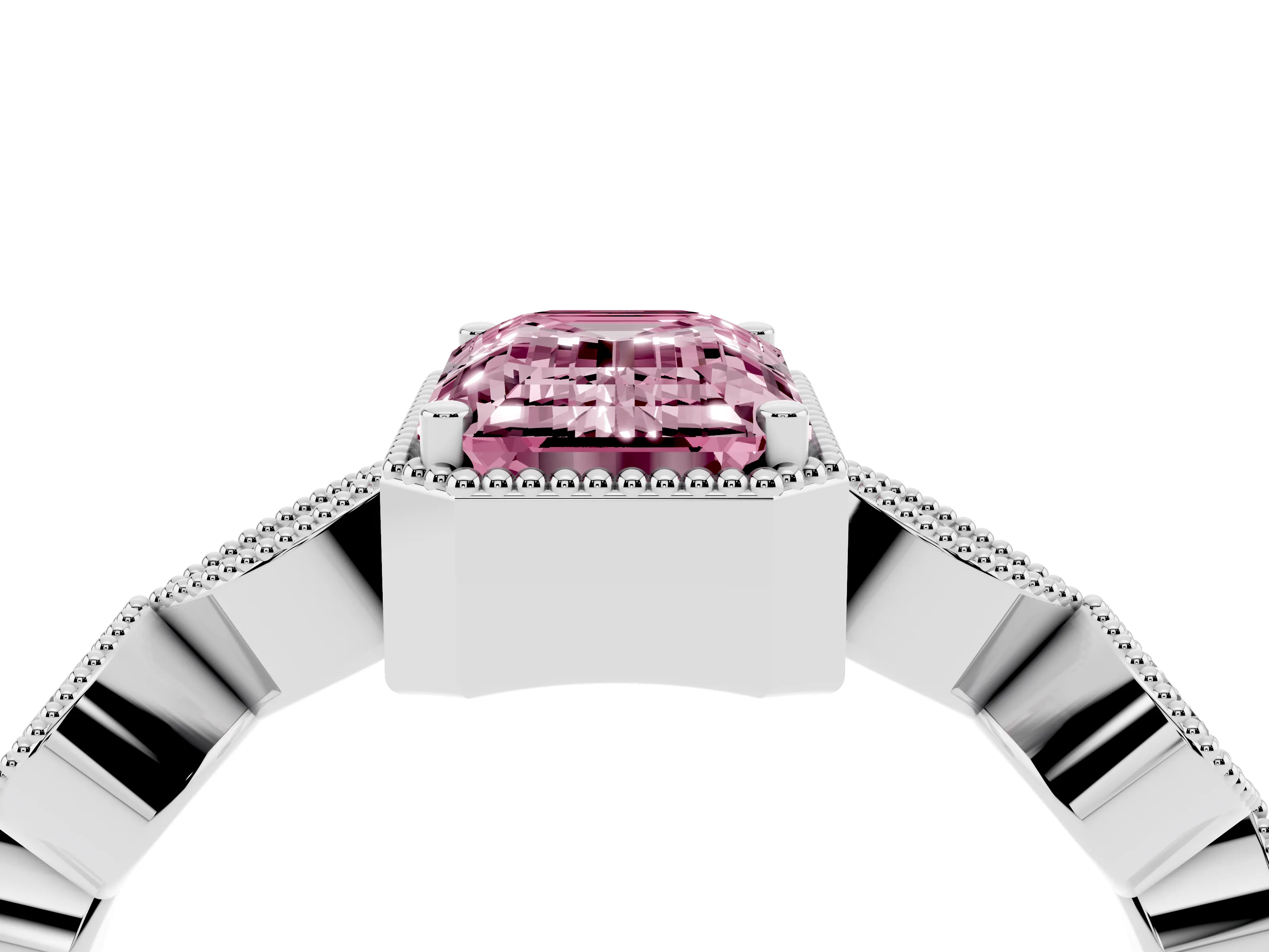 Fancy Pink Emerald Cut Diamond Vintage-Inspired Milgrain Ring Set in Platinum with Marquise Stations of Round Accents