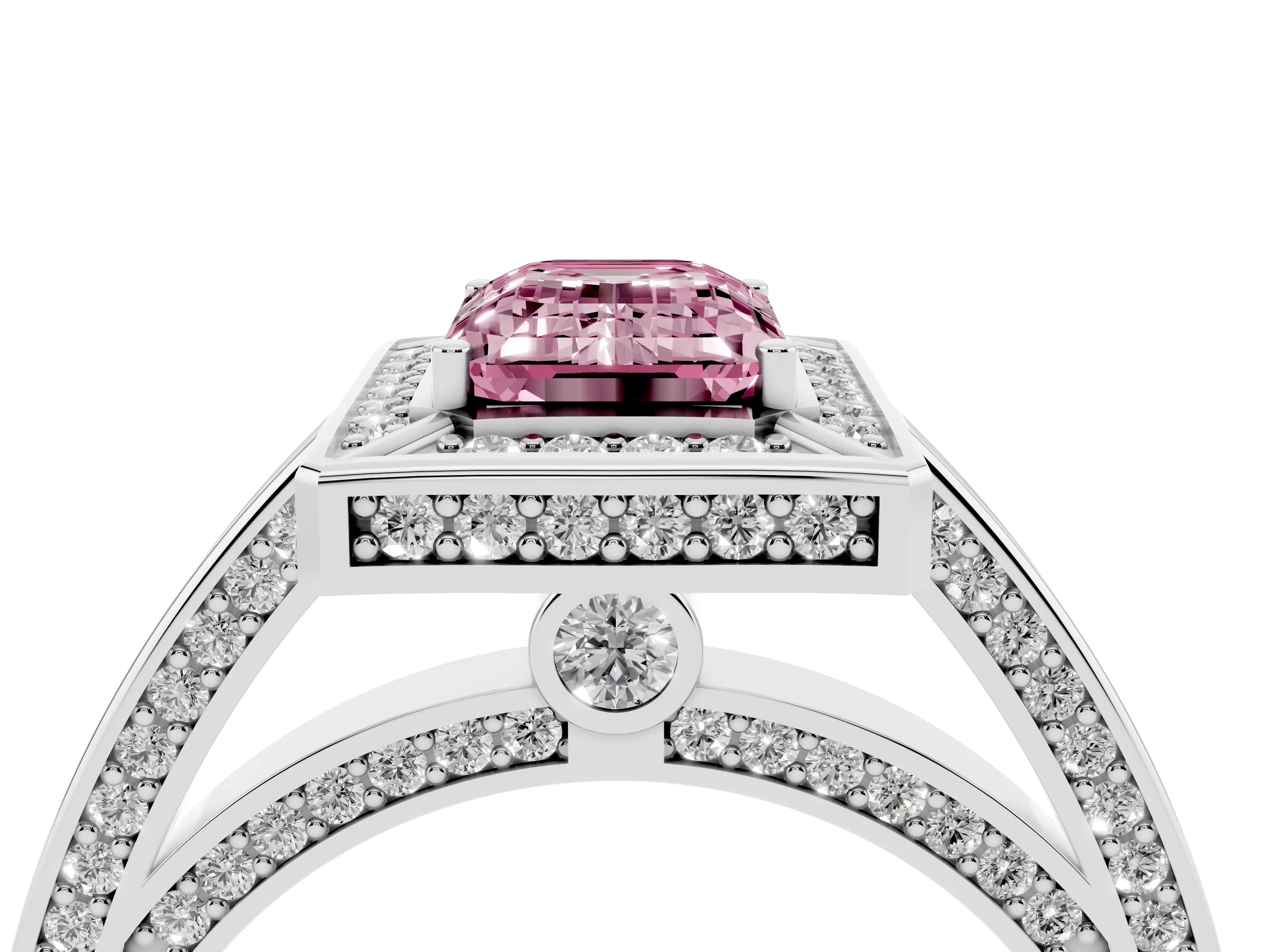 Fancy Pink Emerald Cut Diamond Halo Pavé Split Shank Ring Set in Silver with Prong Setting