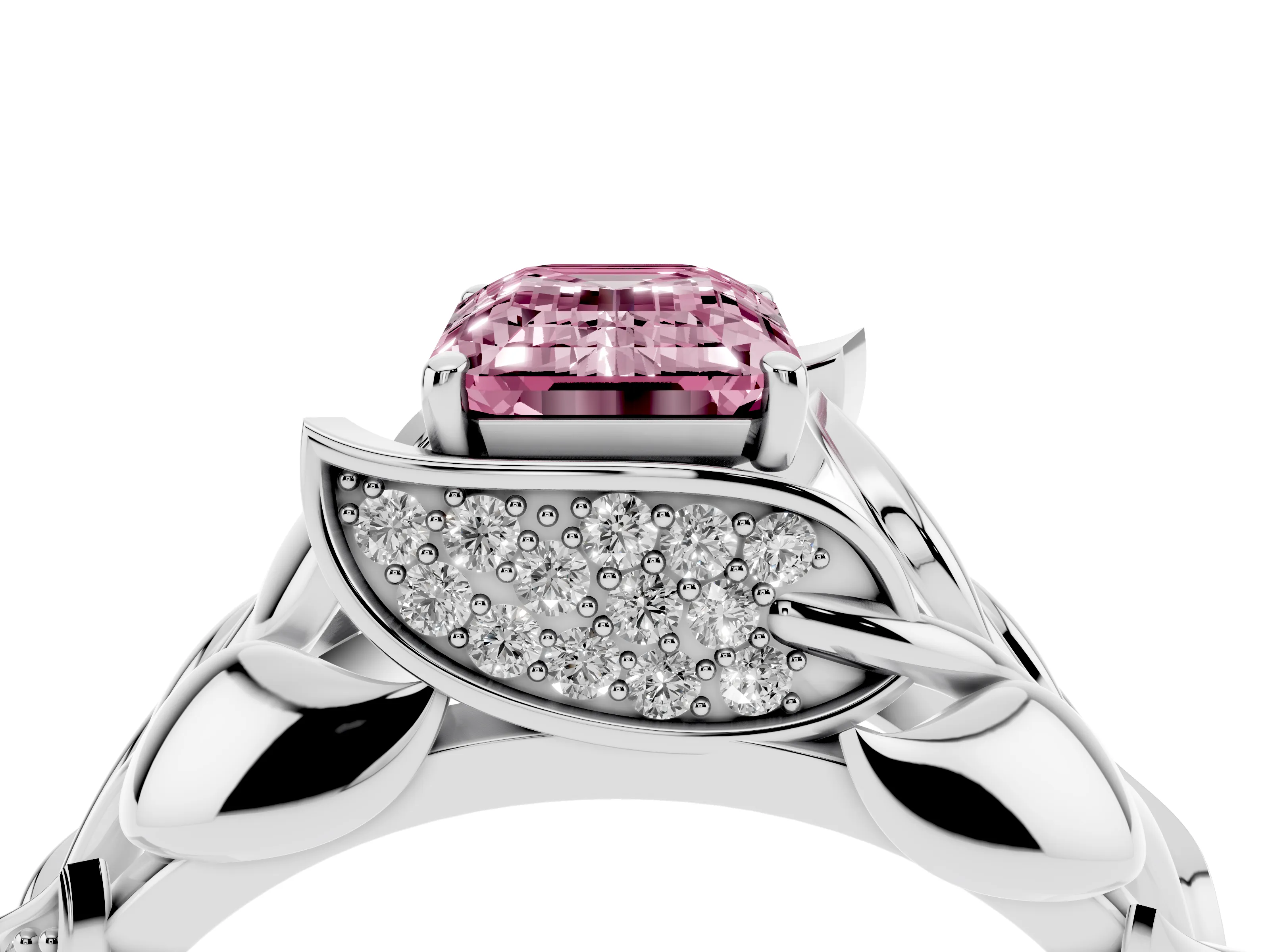 Fancy Pink Emerald Cut Diamond Leaf-Inspired Engagement Ring Set in Platinum with Round Accents