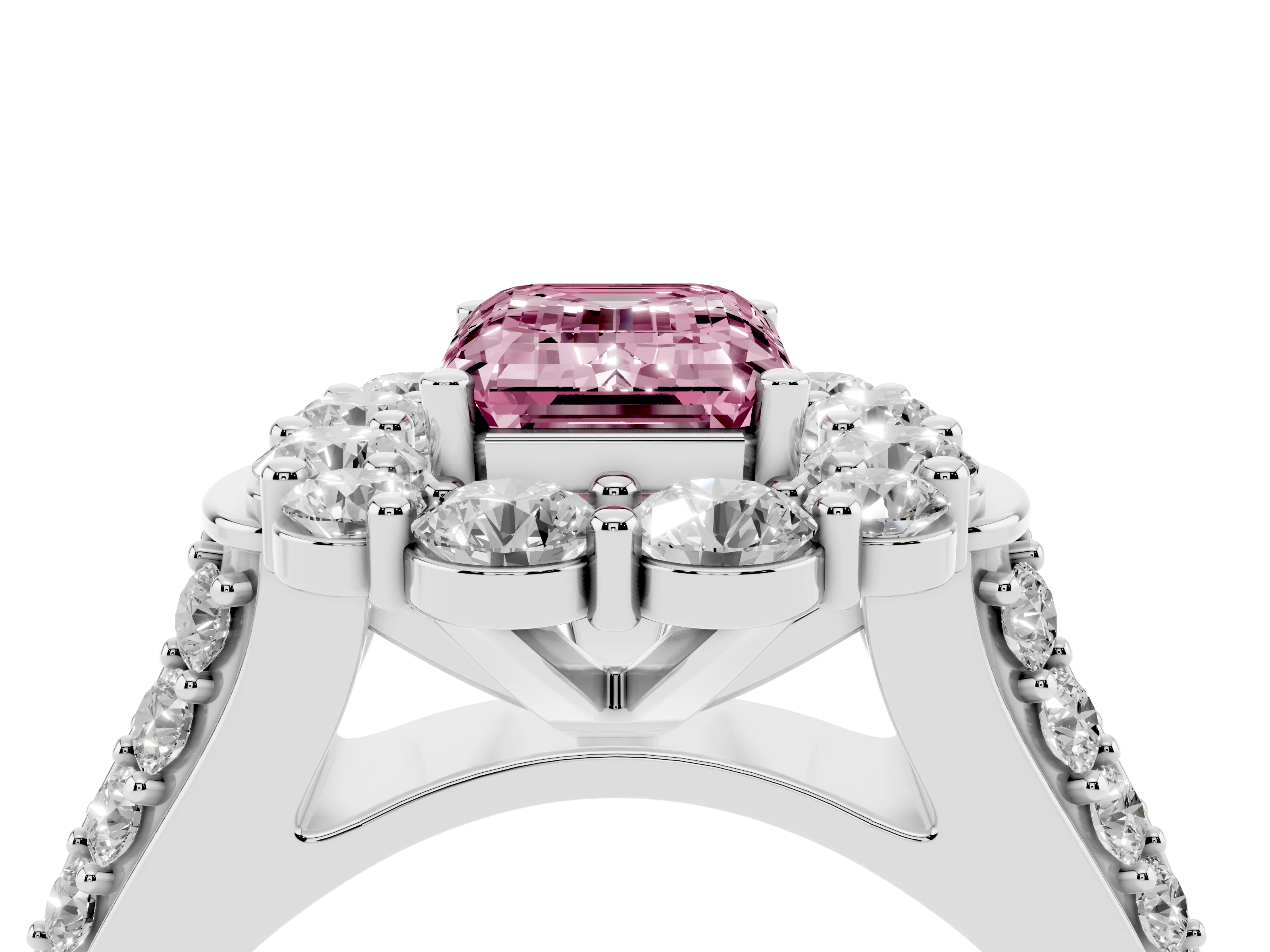 Fancy Pink Emerald Cut Diamond Halo Engagement Ring Set in Platinum with Split Shank and Prong Setting