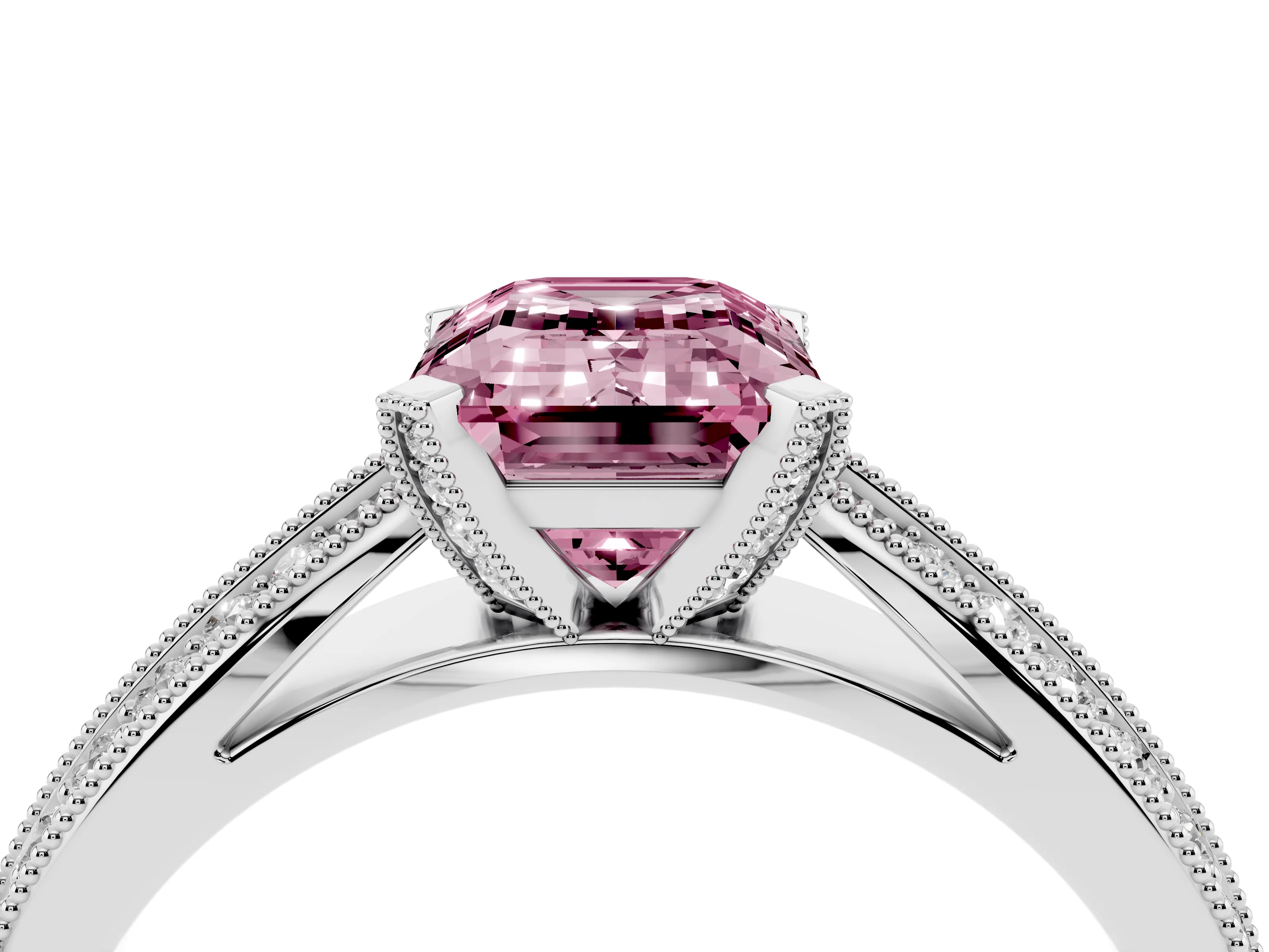 Fancy Pink Emerald Cut Diamond Solitaire Ring Set in Silver with Milgrain Double Row Round Pavé Band