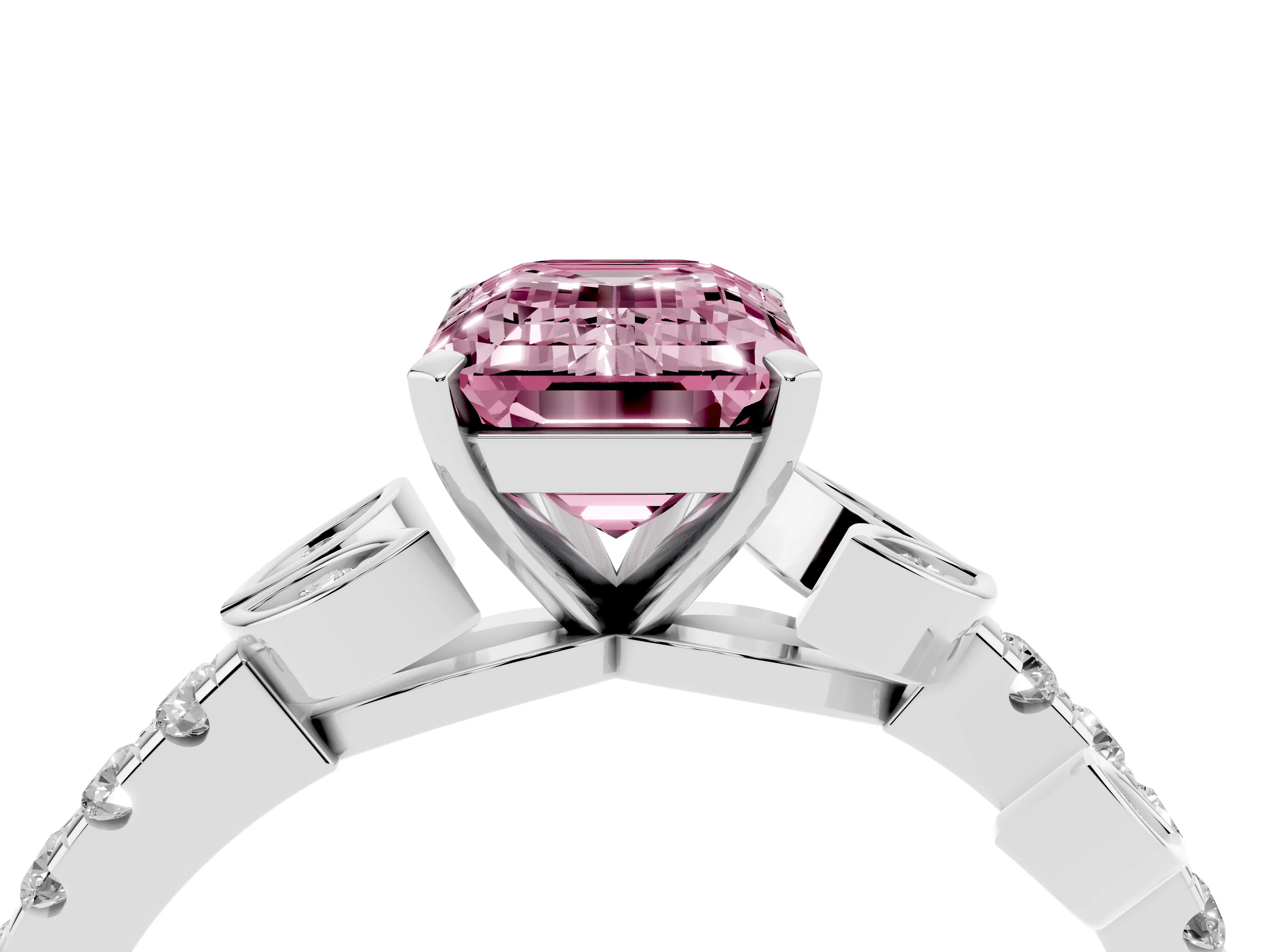 Fancy Pink Emerald Cut Diamond Solitaire Leaf-Inspired Ring Set in Platinum with Pavé Band and Prong Setting