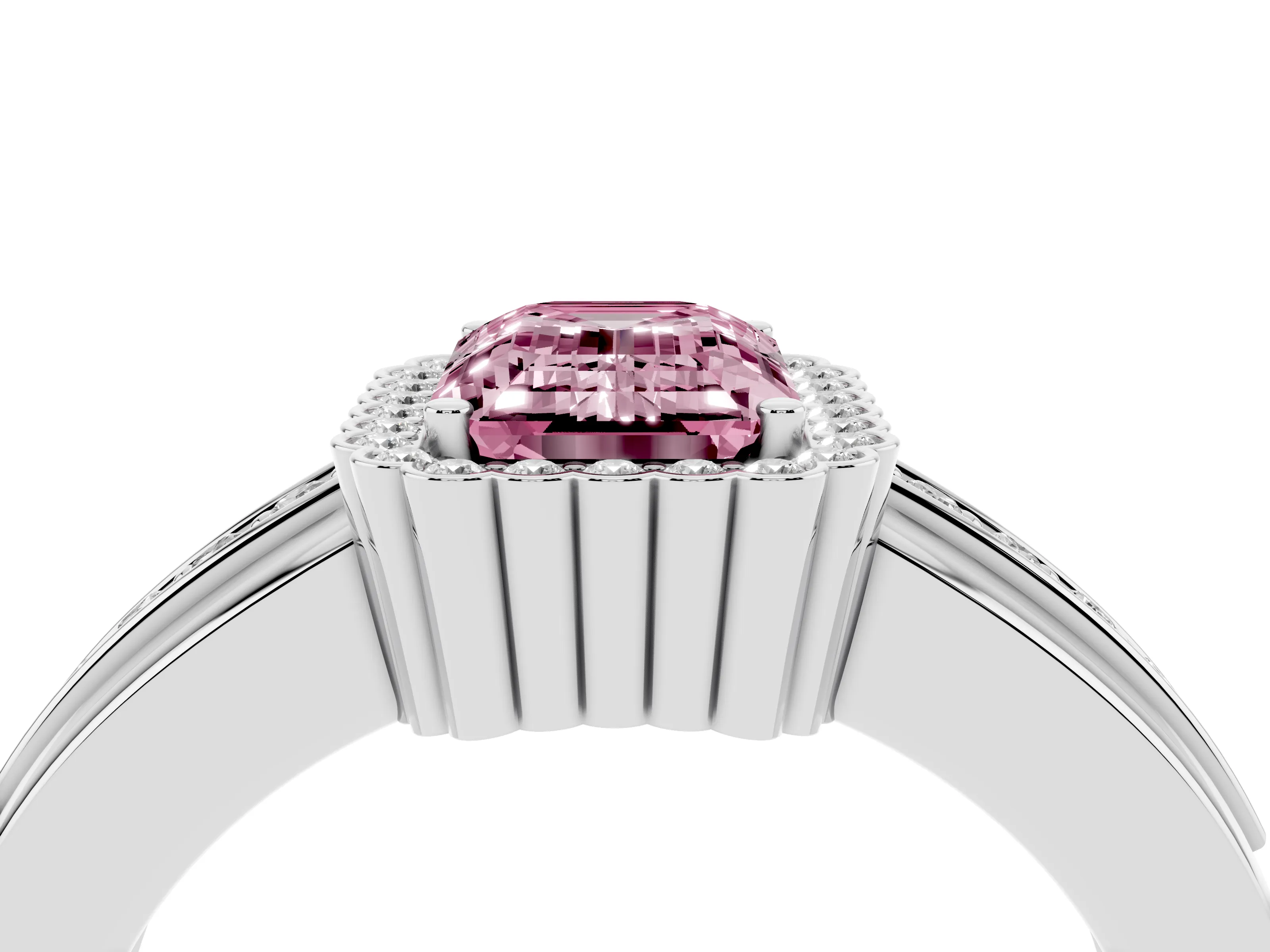 Fancy Pink Emerald Cut Diamond Halo Prong Ring Set in Silver with Pavé Band
