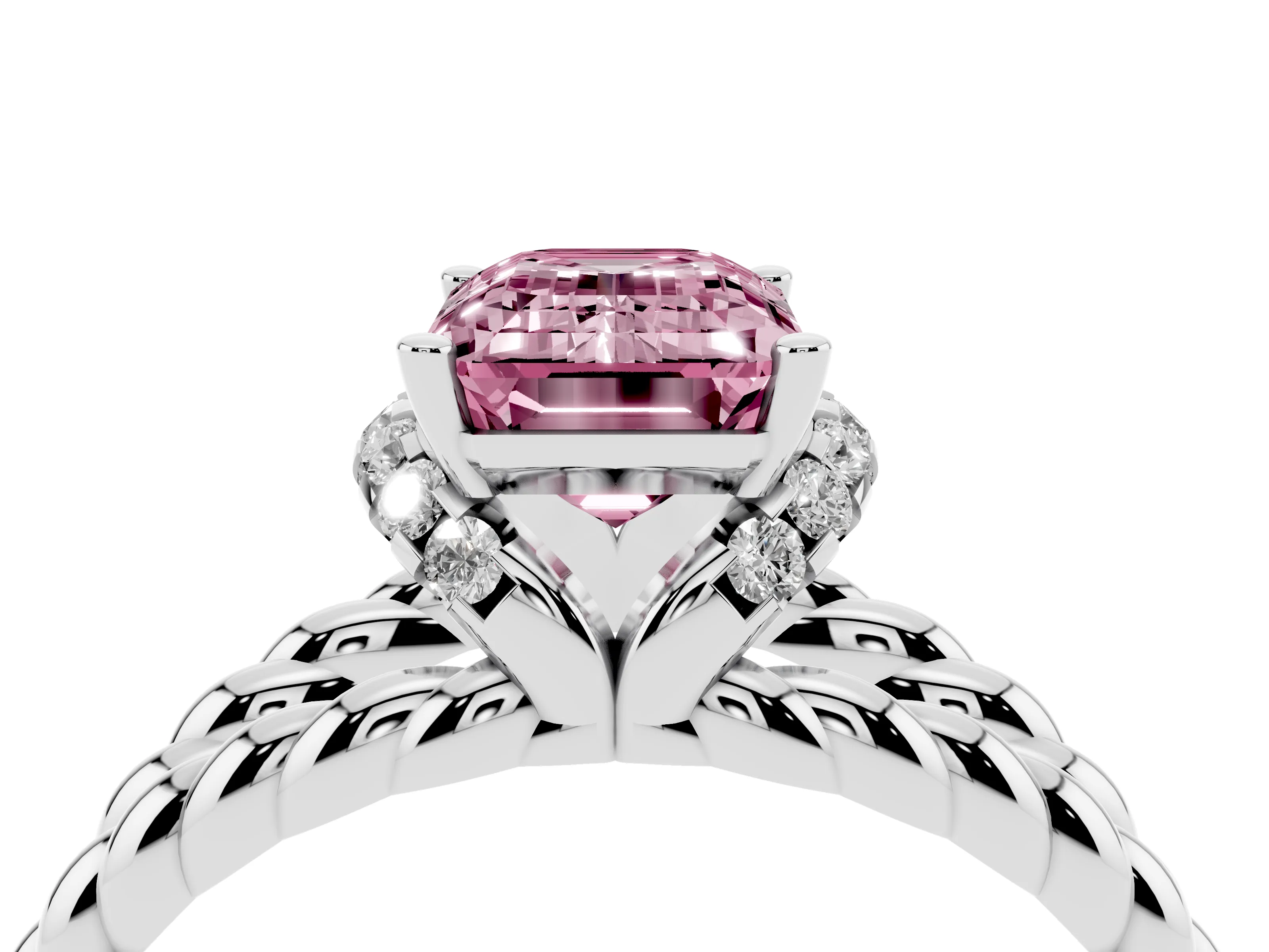 Fancy Pink Emerald Cut Diamond Halo Ring Set in White gold with Twisted Band and Prong Setting