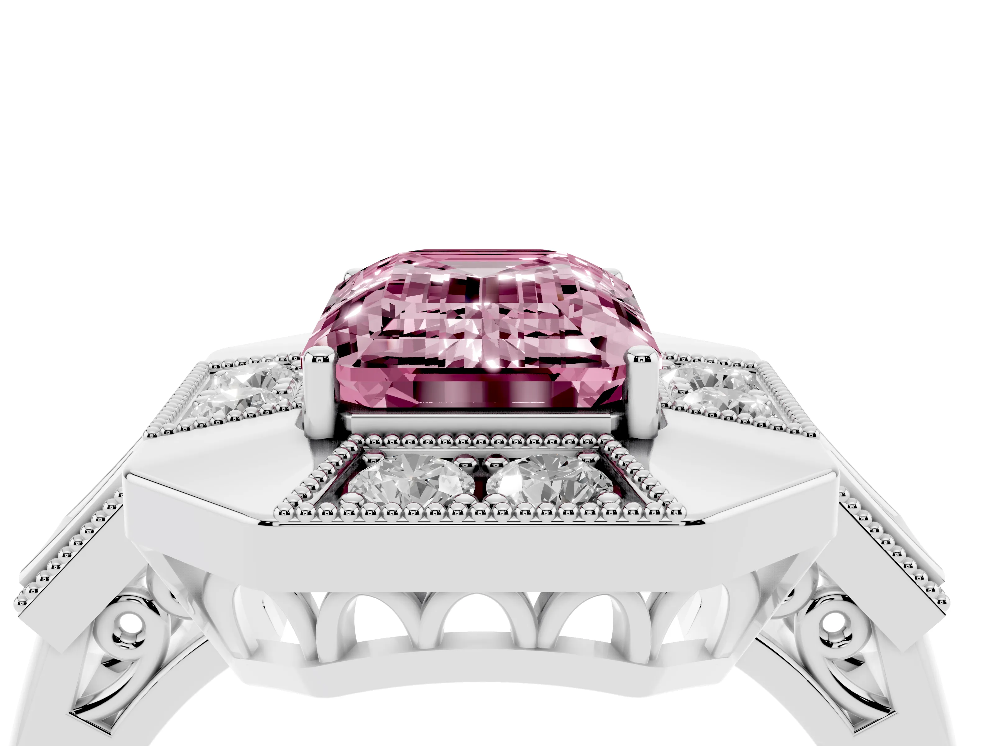 Fancy Pink Emerald Cut Diamond Milgrain Halo Ring Set in Silver with Split Shank