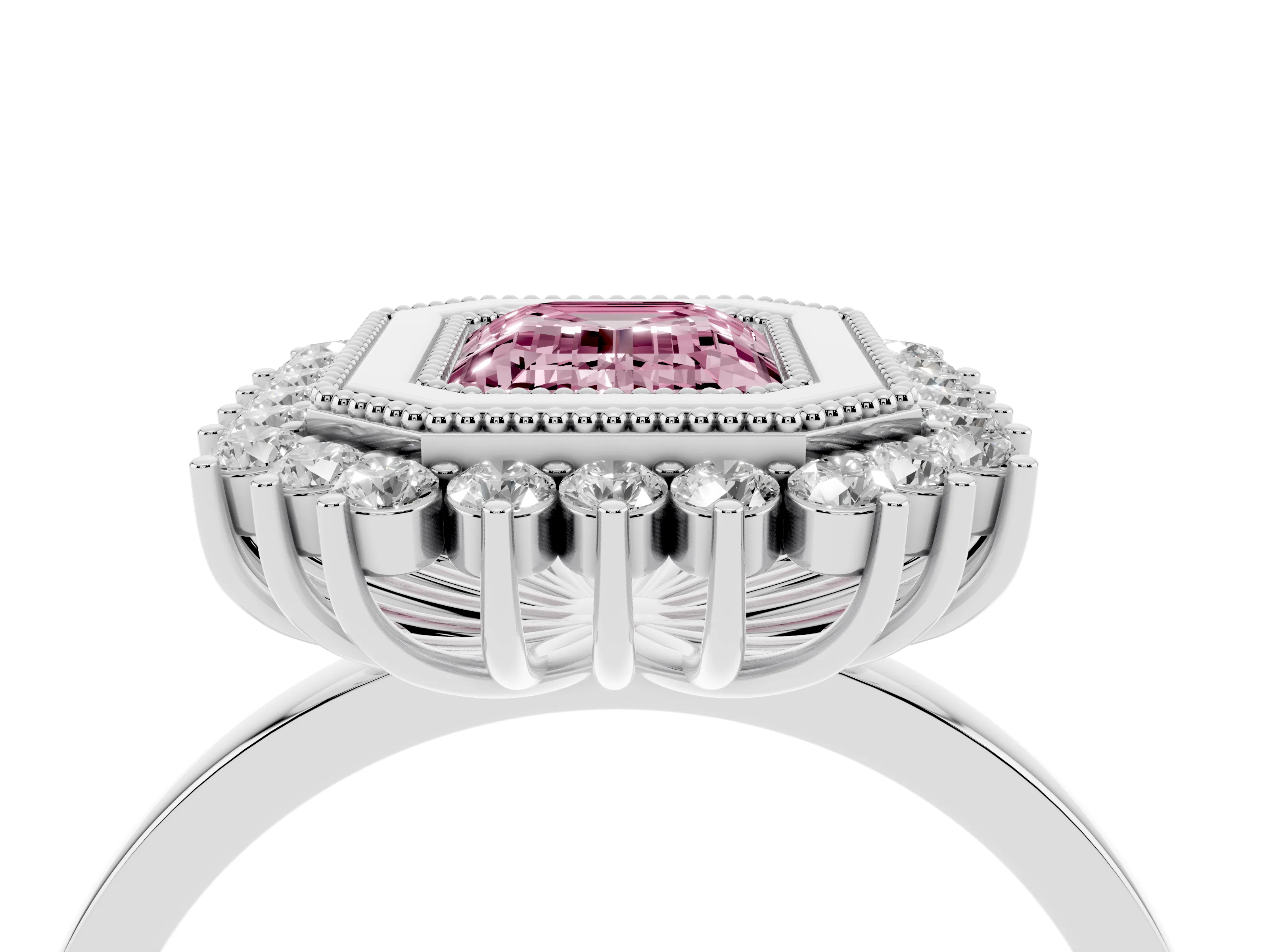 Fancy Pink Emerald Cut Diamond Halo Ring Set in Silver with Milgrain Edge and Round Prong Setting