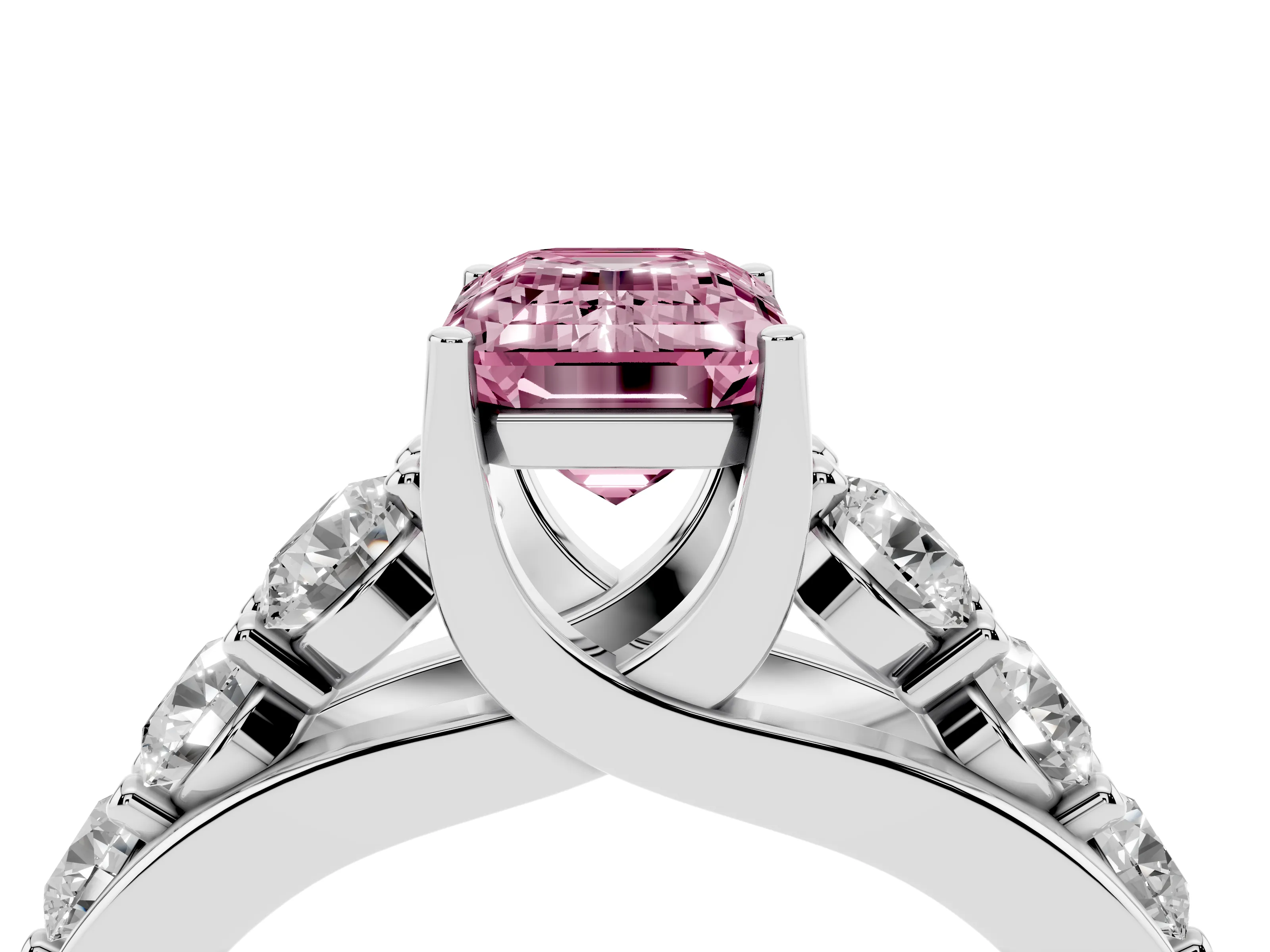 Fancy Pink Emerald Cut Diamond Pavé Engagement Ring Set in Silver with Prong Setting