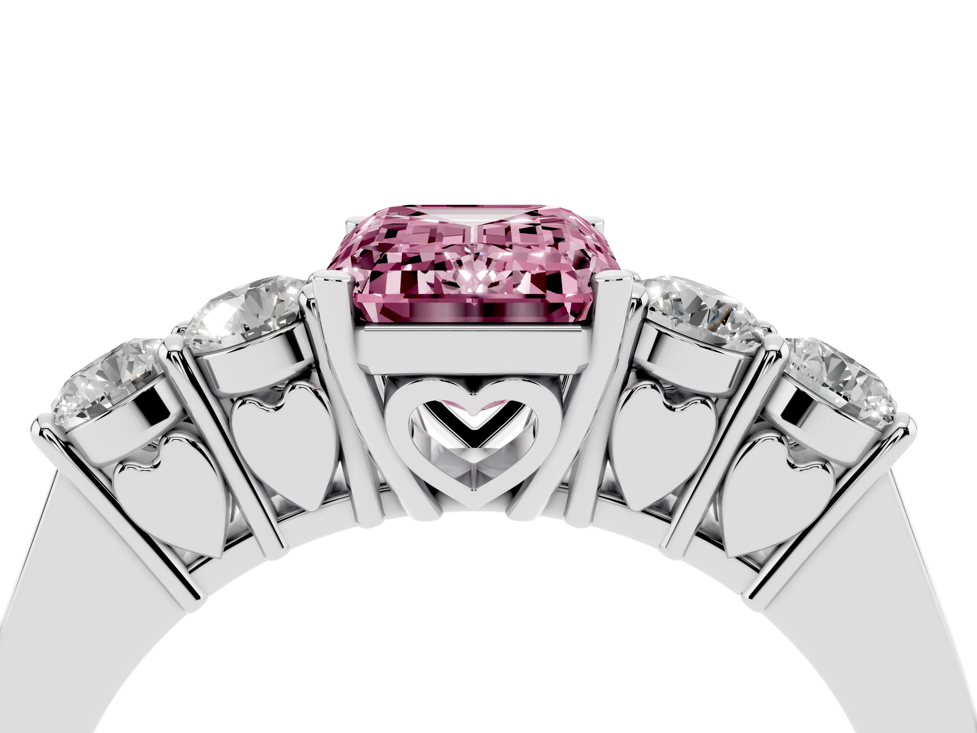 Fancy Pink Emerald Cut Diamond Five-Stone Prong Set Band Ring Set in Platinum with Polished Band
