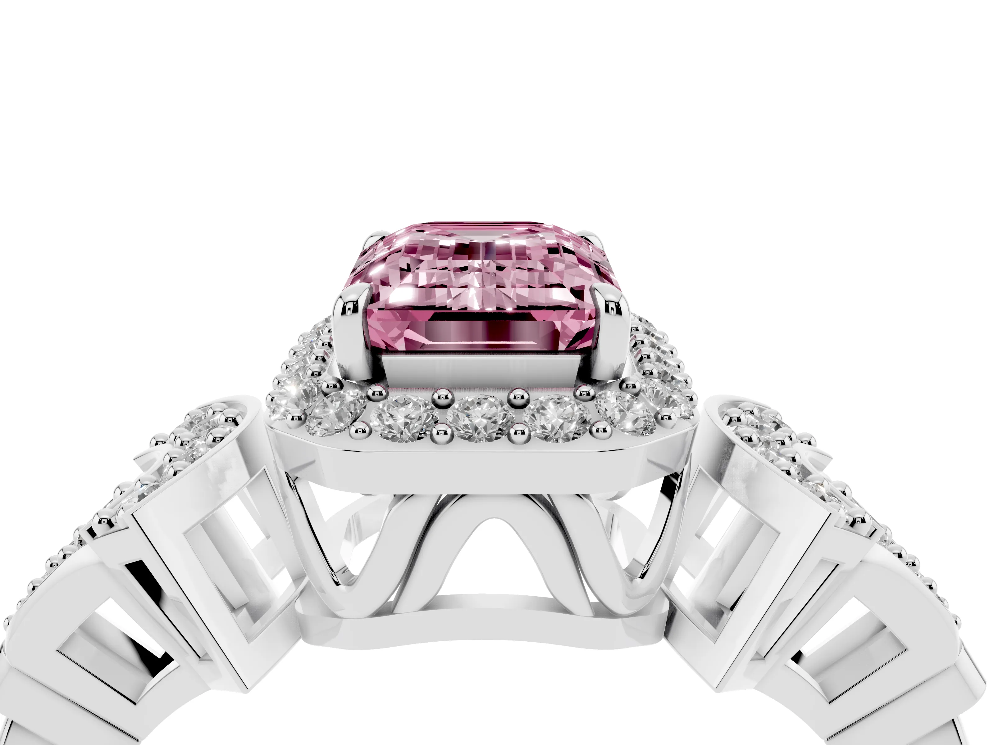Fancy Pink Emerald Cut Diamond Halo Engagement Ring Set in Silver with Accent Stone Split Shank