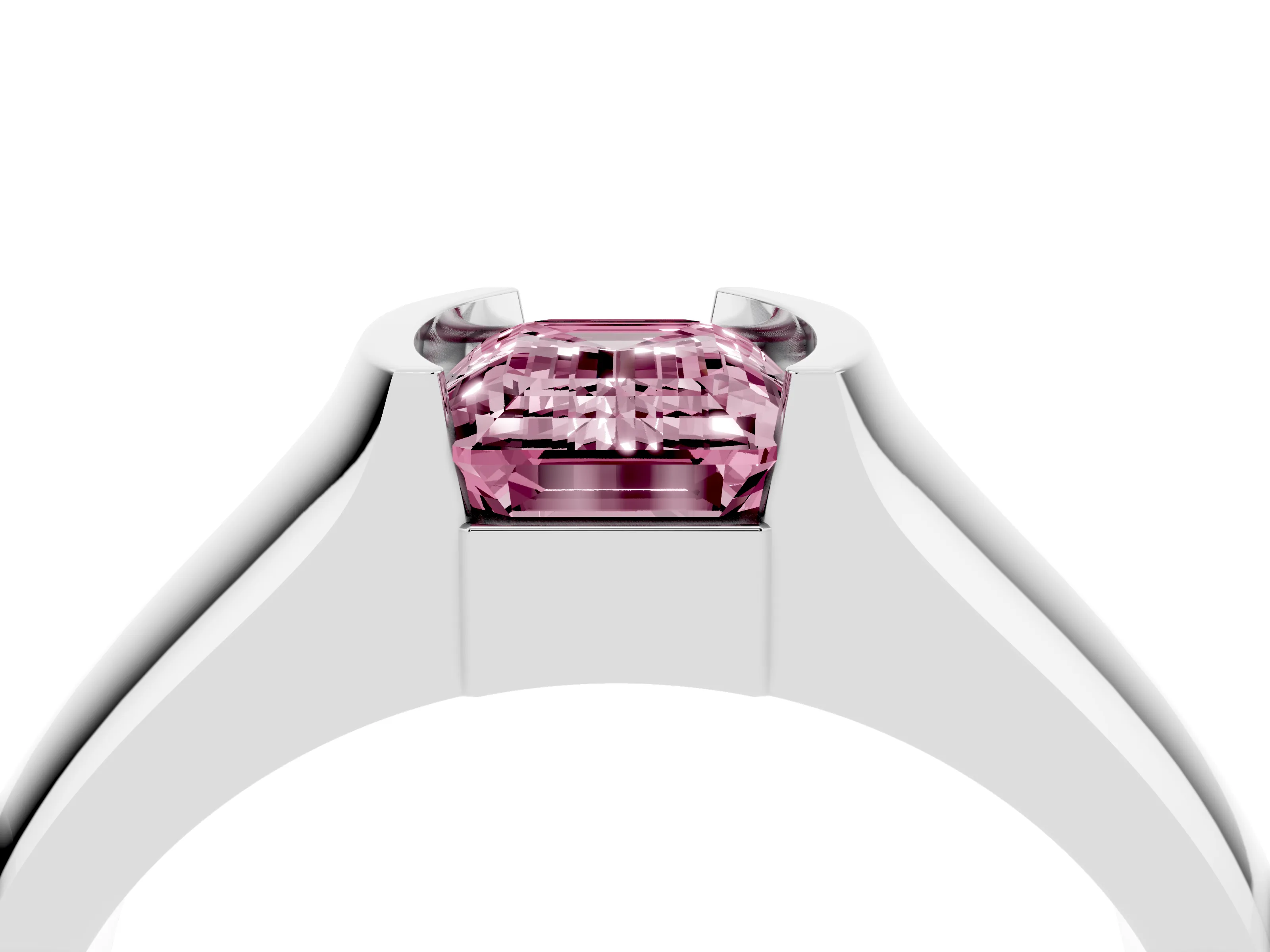 Fancy Pink Emerald Cut Diamond Bezel Solitaire Ring Set in Silver with Wide Band