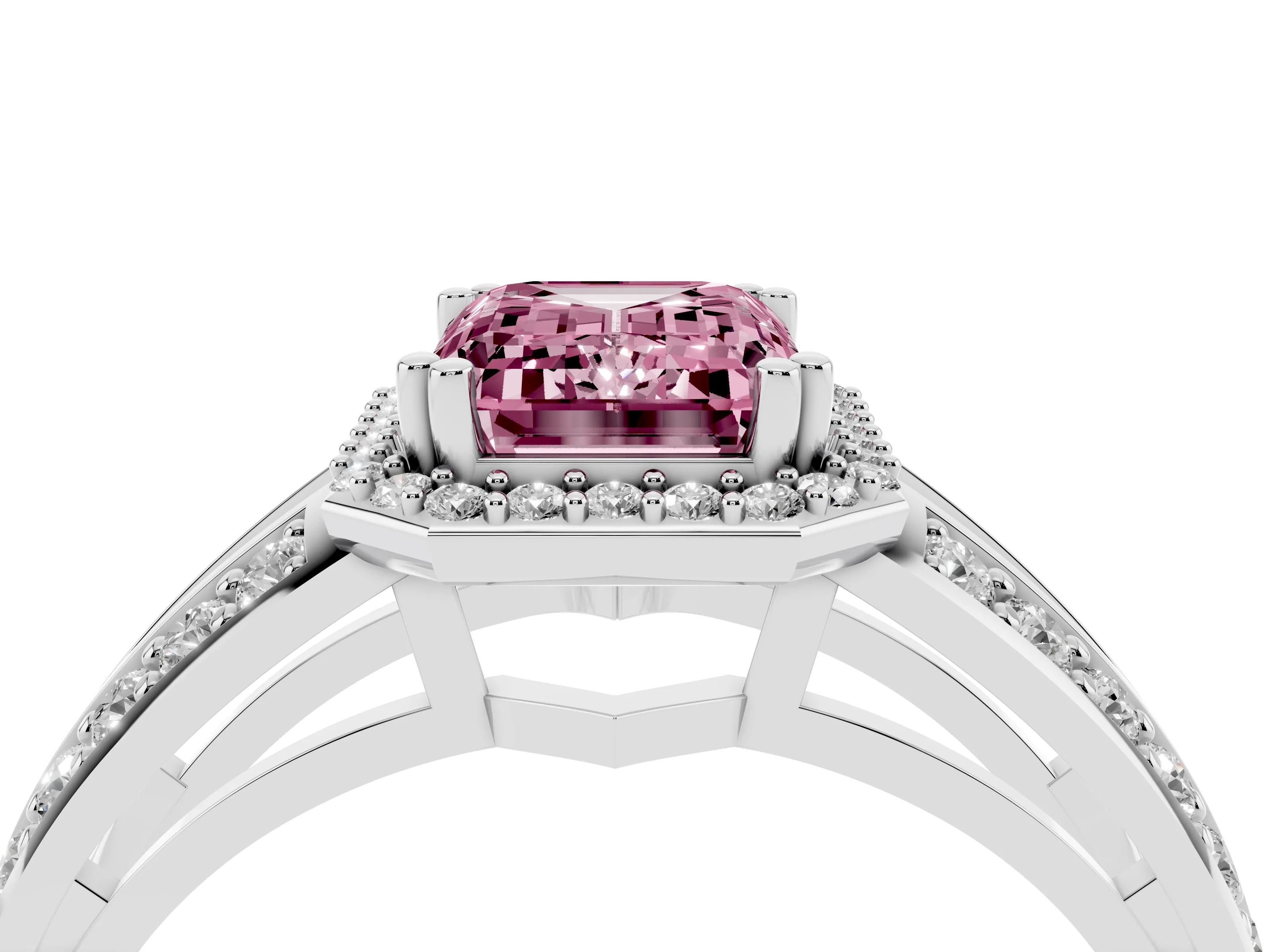 Fancy Pink Emerald Cut Diamond Halo Ring Set in White gold with Double Pavé Split Shank