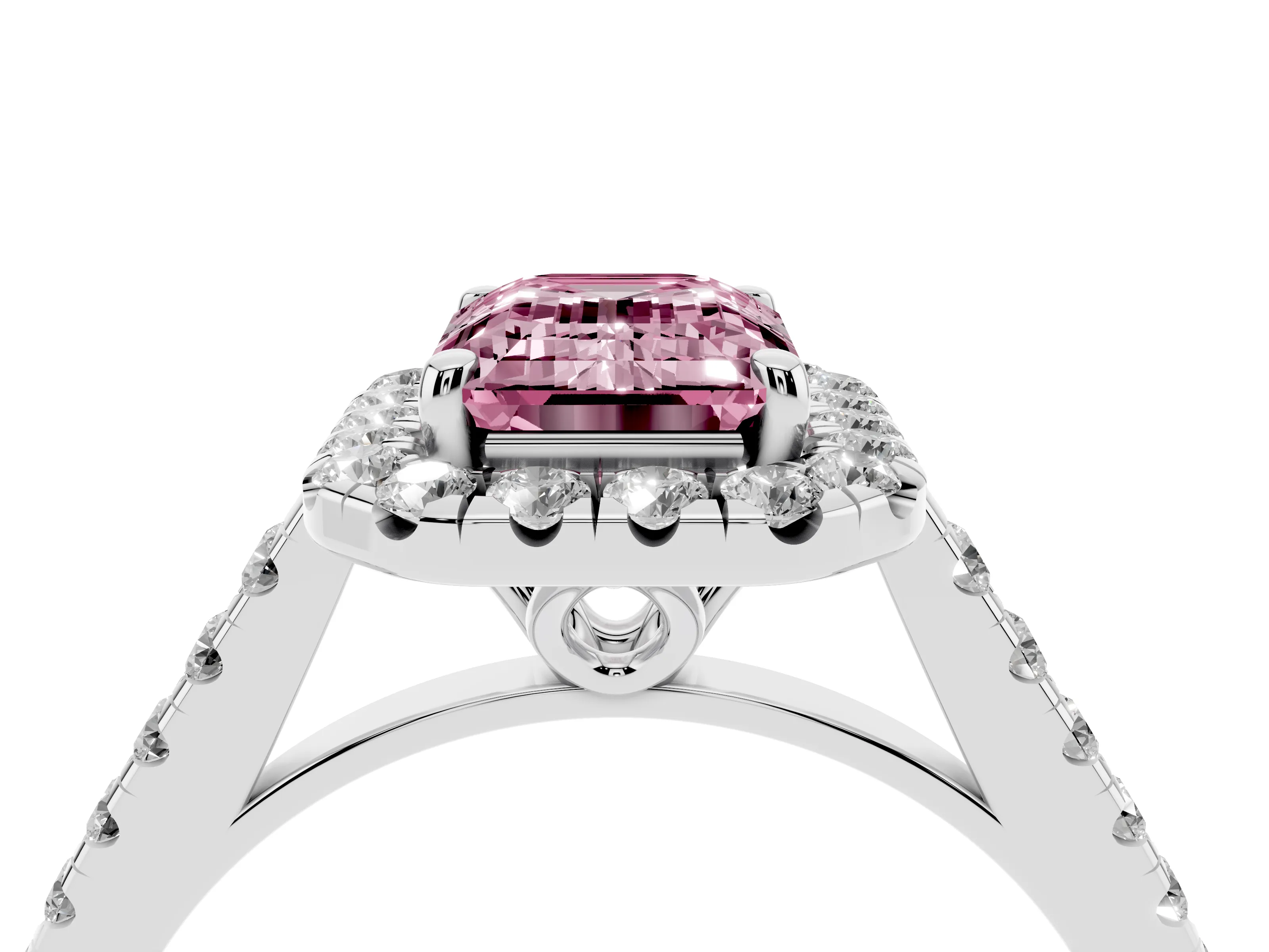Fancy Pink Emerald Cut Diamond Pavé Halo Engagement Ring Set in White gold with Pavé Band and Prong Setting