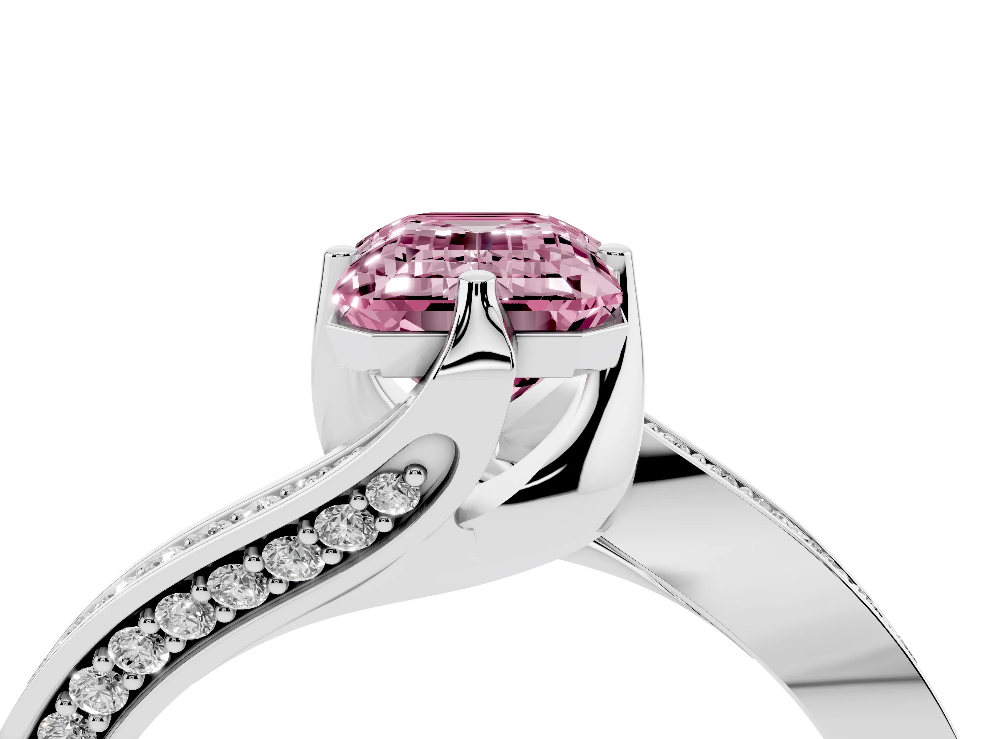 Fancy Pink Emerald Cut Diamond Solitaire Ring Set in Silver with Intertwined Pavé Twist Band