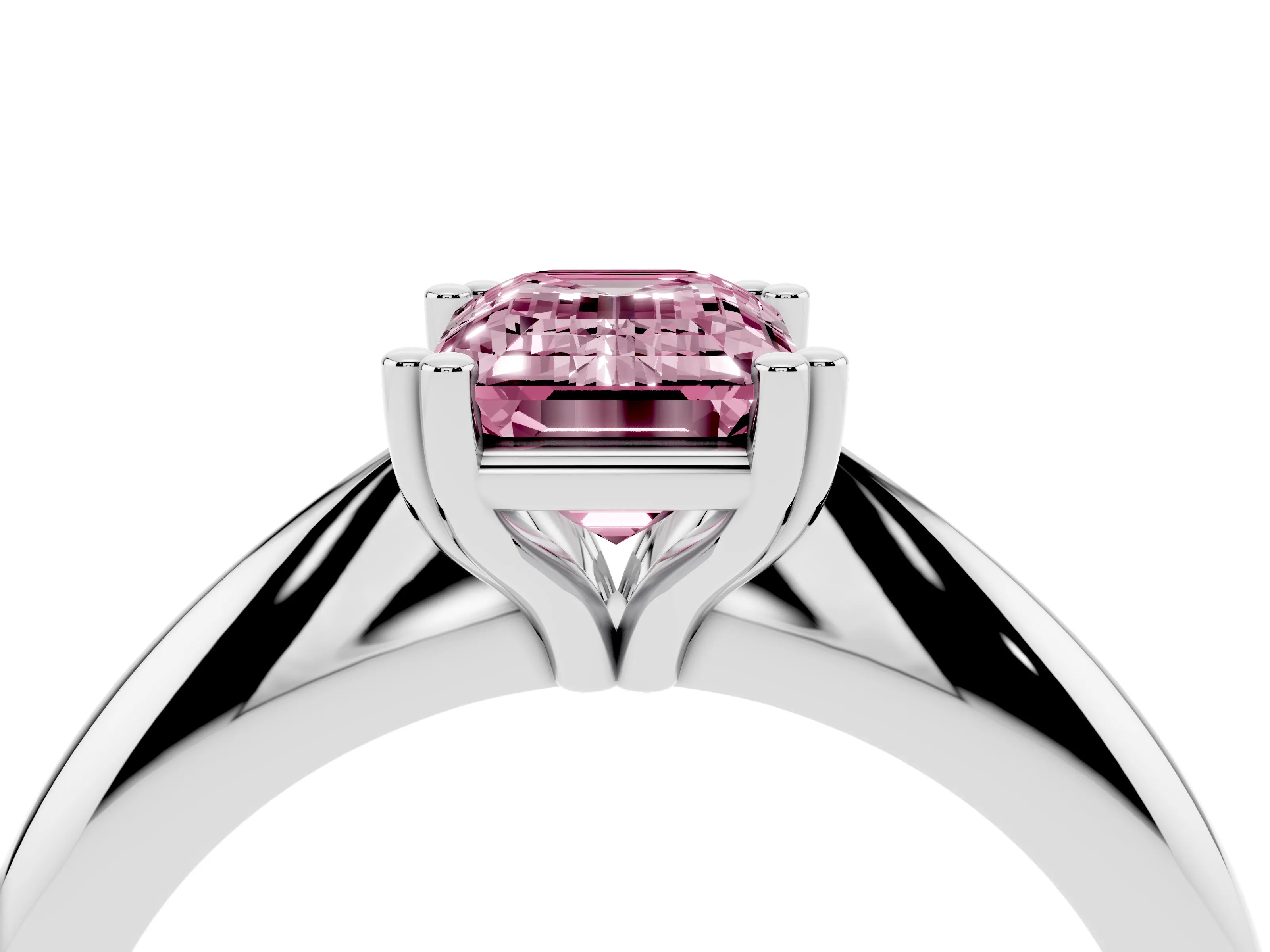 Fancy Pink Emerald Cut Diamond Solitaire Engagement Ring Set in Silver with Tapered Band and Prong Setting