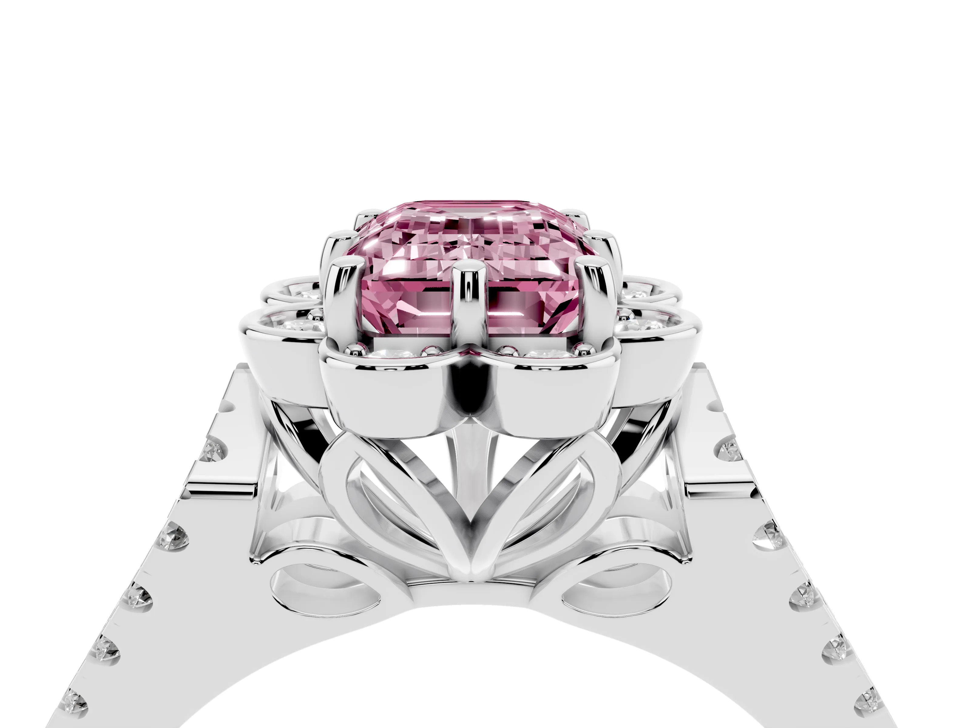 Fancy Pink Emerald Cut Diamond Floral Halo Split Shank Engagement Ring Set in White gold with Pavé Shank