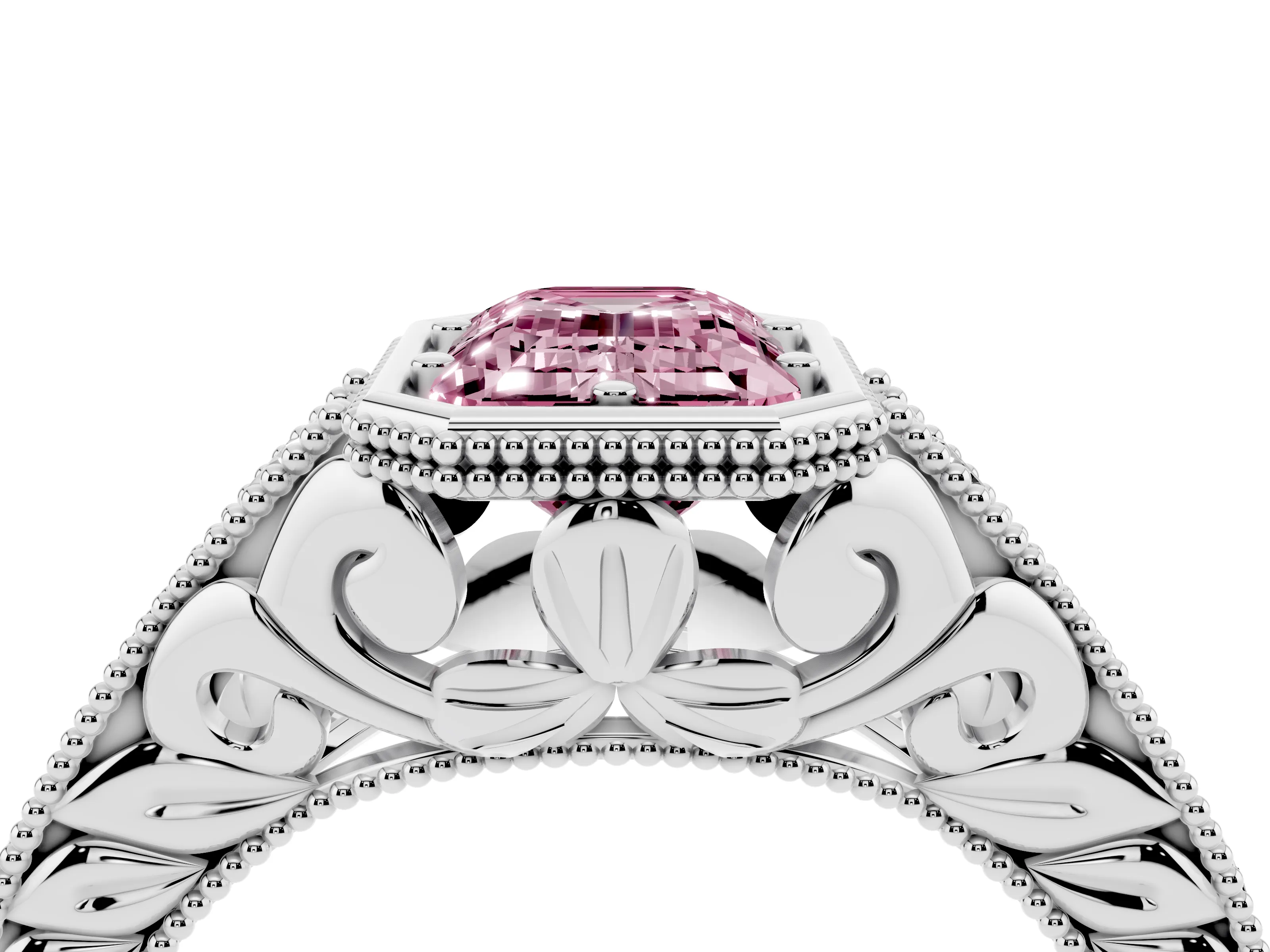 Fancy Pink Bezel Set Emerald Cut Diamond Milgrain Pavé Engagement Ring Set in Platinum