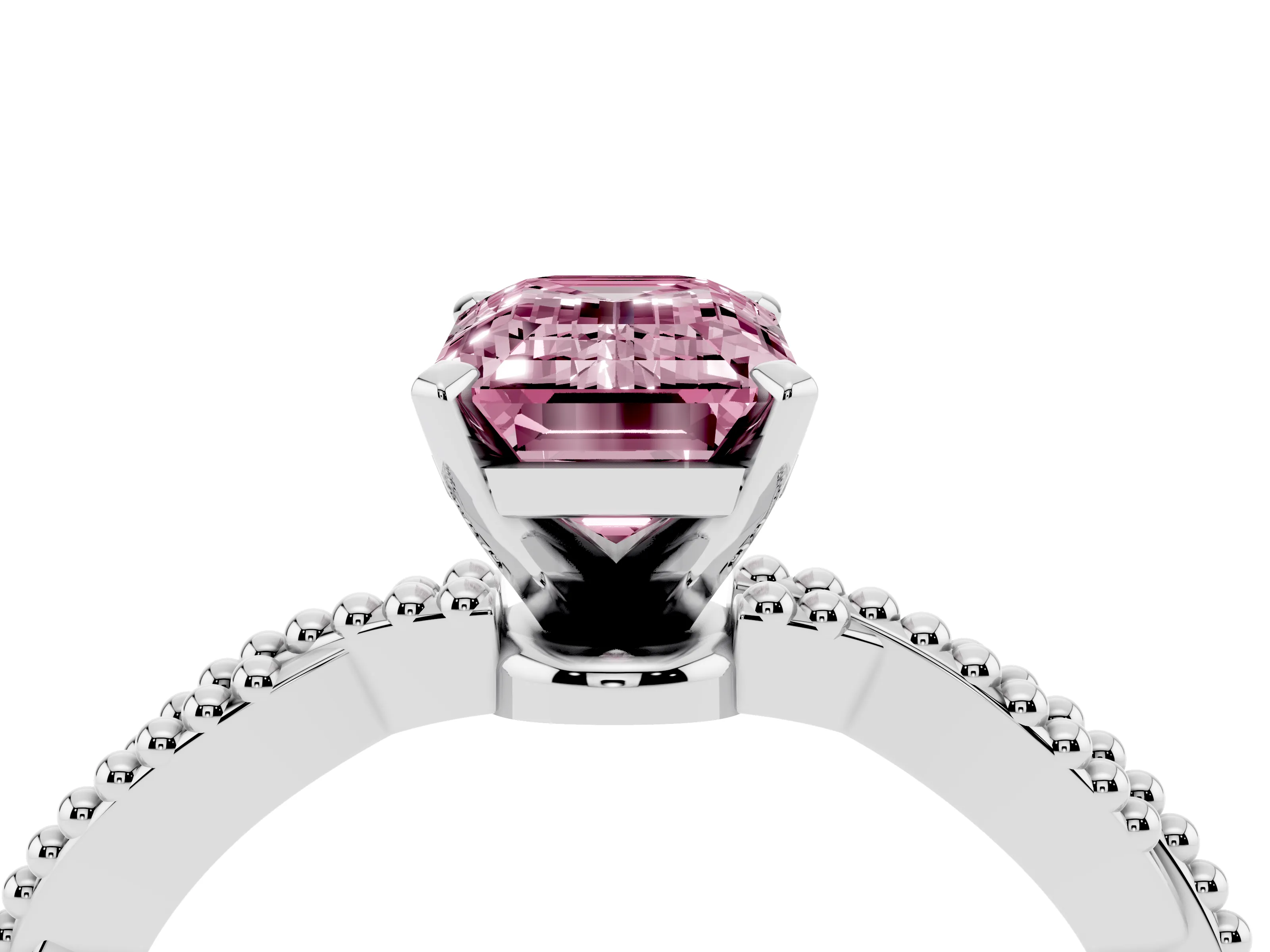 Fancy Pink Emerald Cut Diamond Solitaire Ring Set in Platinum with Twisted Band and Bead Prong Setting