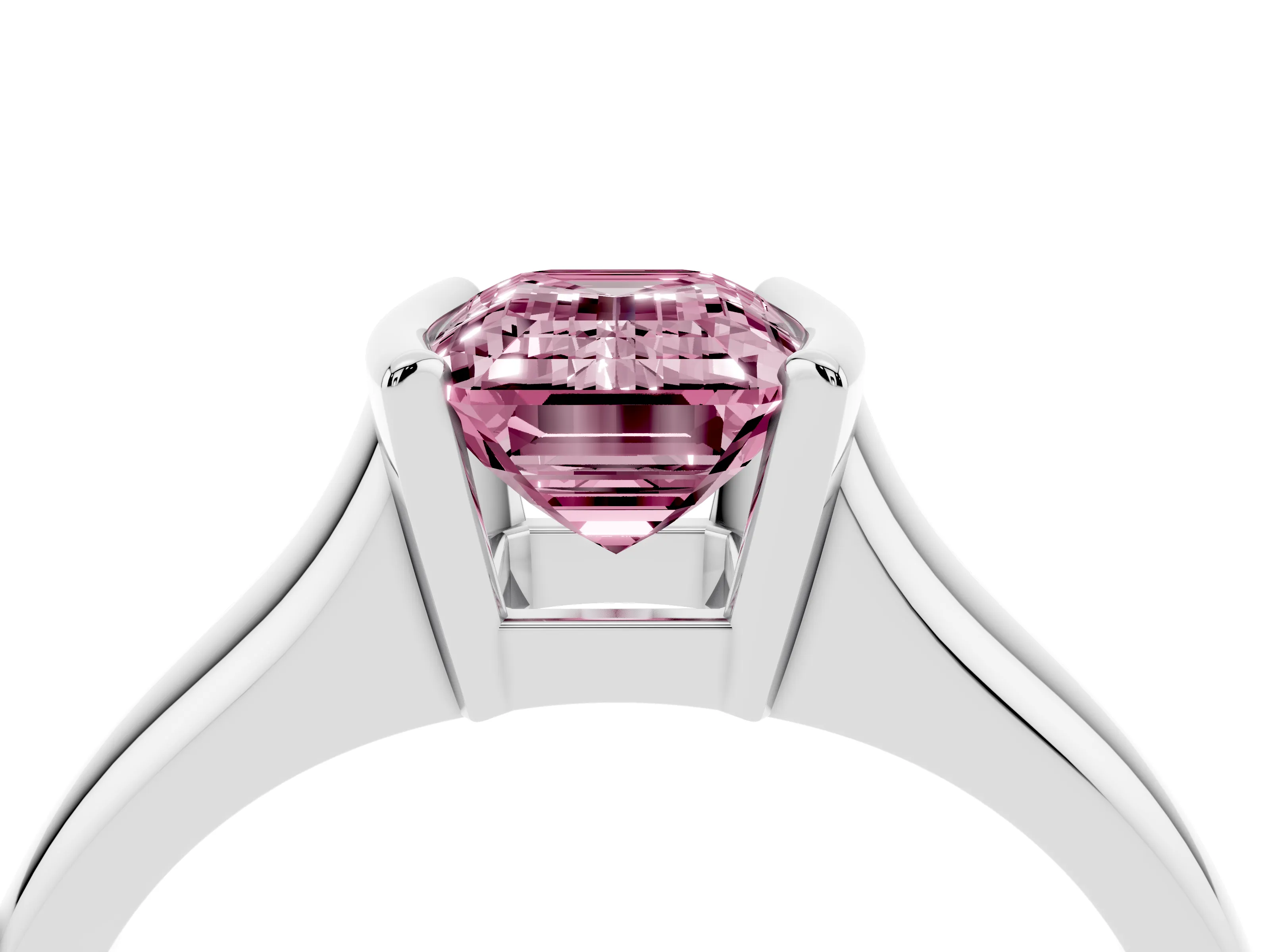 Fancy Pink Emerald Cut Diamond Solitaire Tension Set Ring Set in White gold with Split Shank Band