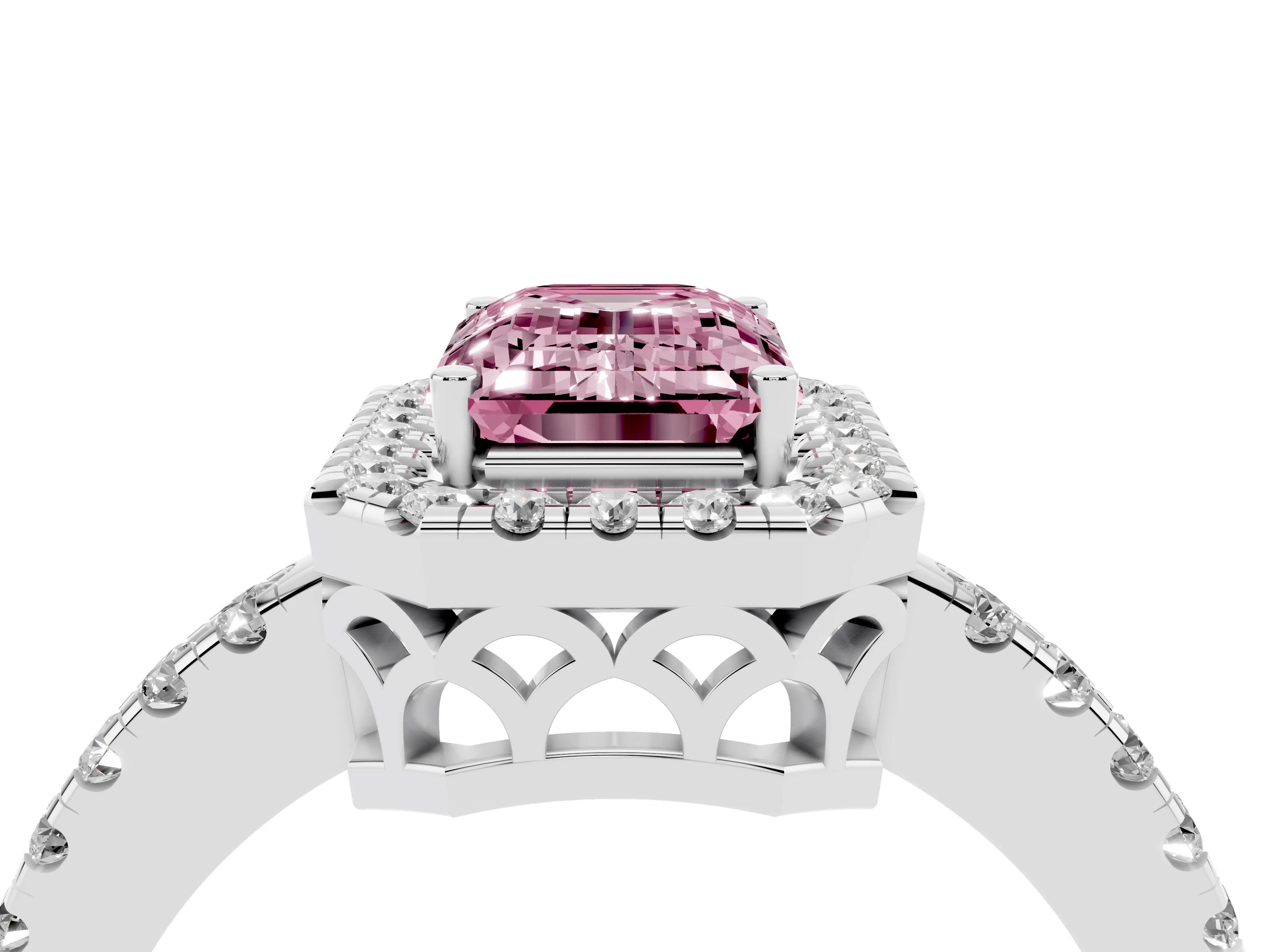Fancy Pink Emerald Cut Diamond Pavé Band Halo Engagement Ring Set in Silver with Prong Setting