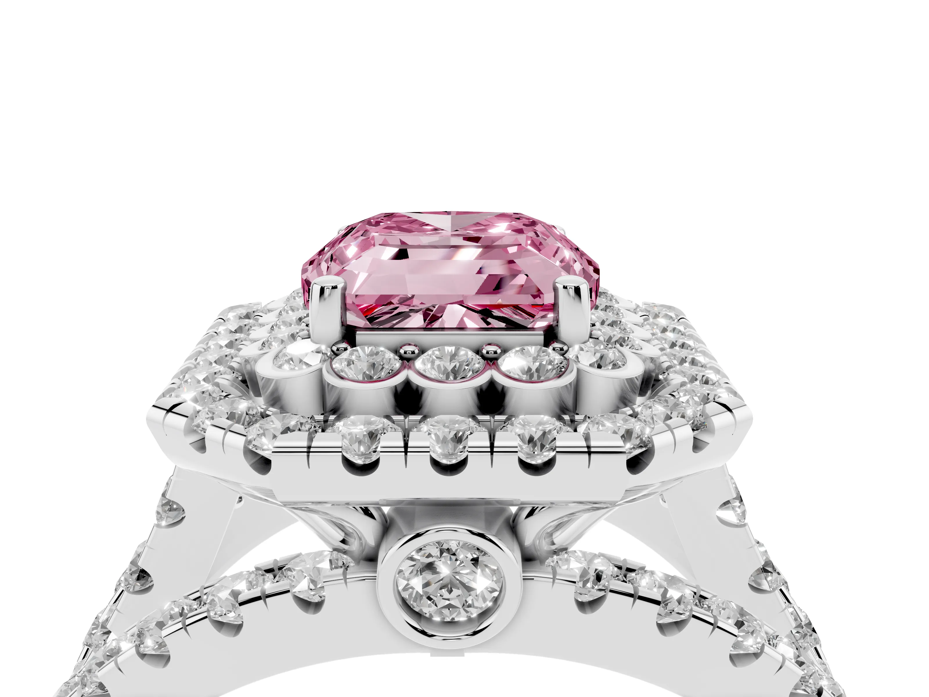 Fancy Pink Emerald Cut Diamond Double Halo Ring Set in Silver with Round Pavé Split Shank