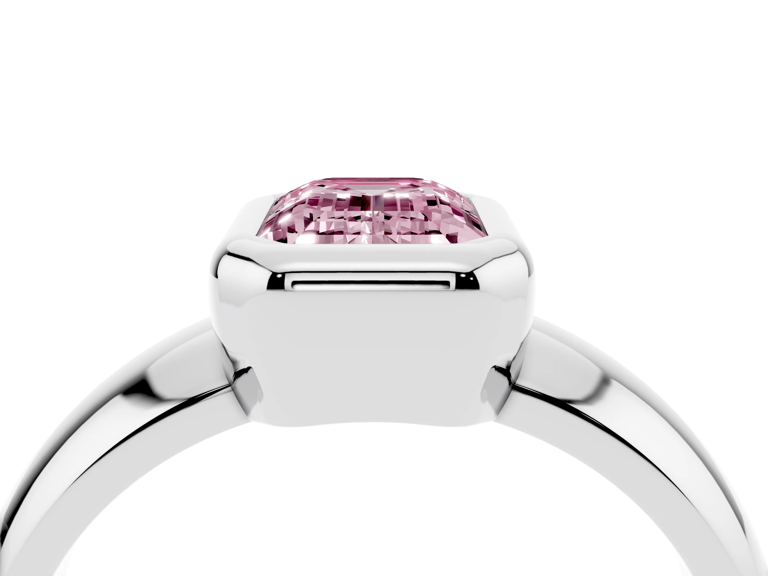 Fancy Pink Bezel Set Emerald Cut Diamond Solitaire Ring Set in Silver with Wide Band