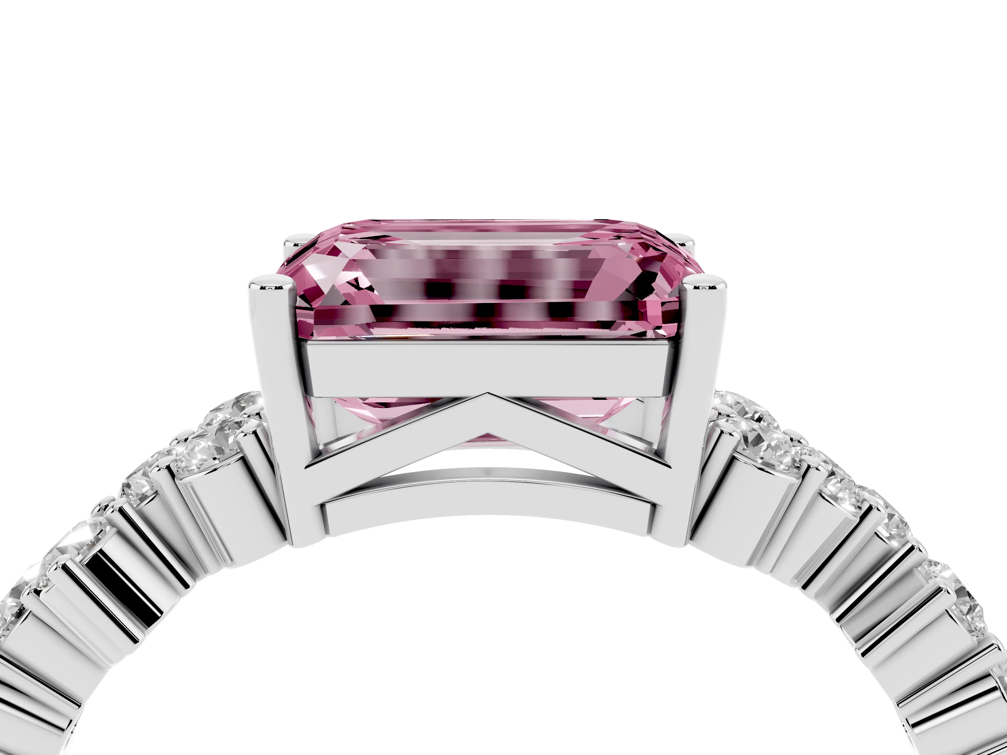 Fancy Pink Emerald Cut Diamond Ring Set in Silver with Scattered Round Accents