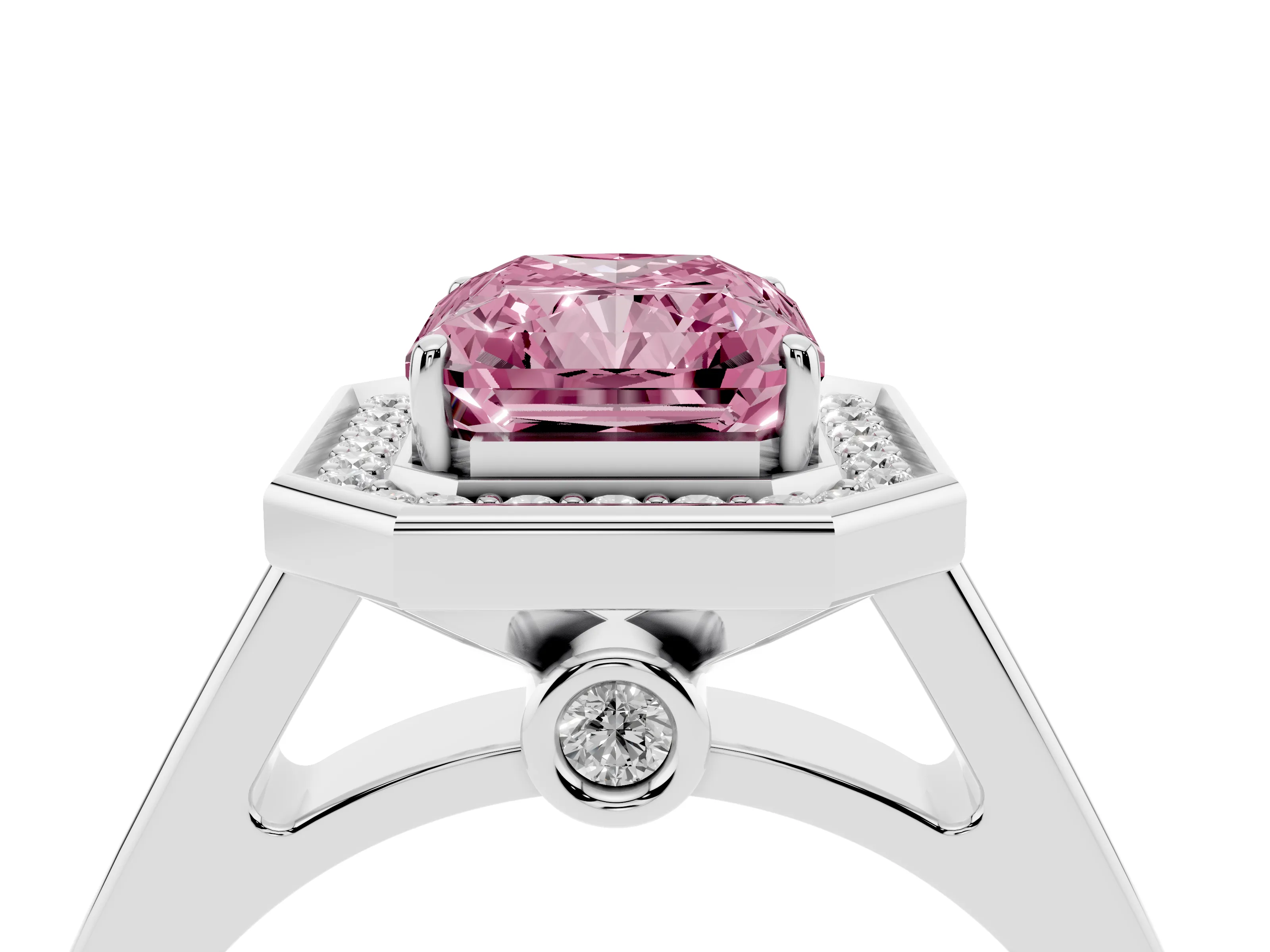 Fancy Pink Emerald Cut Diamond Halo Solitaire Ring Set in Platinum with Pavé Band and Bezel Setting