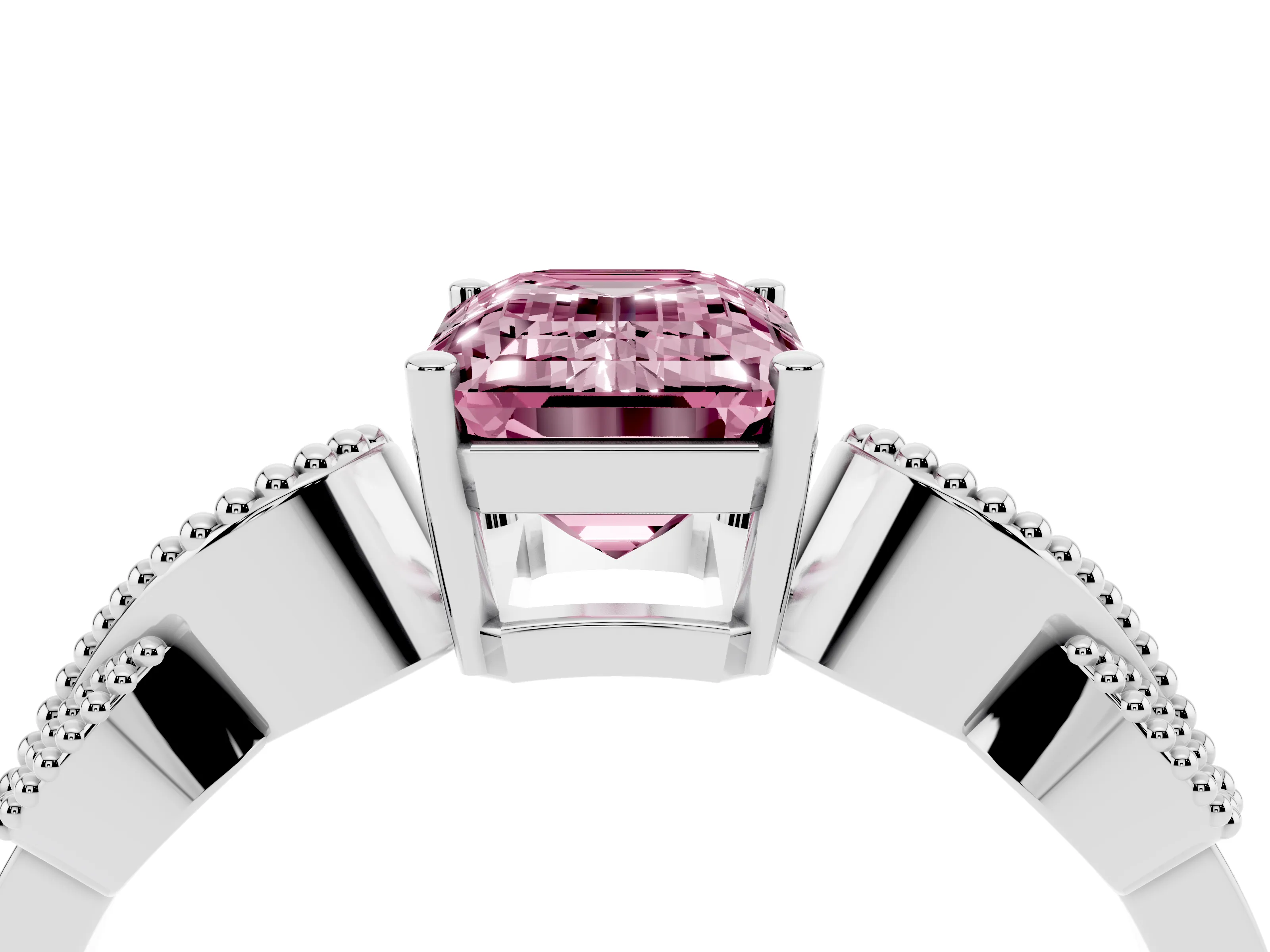 Fancy Pink Emerald Cut Diamond Milgrain Leaf Band Solitaire Ring Set in White gold with Accent Stones and Prong Setting