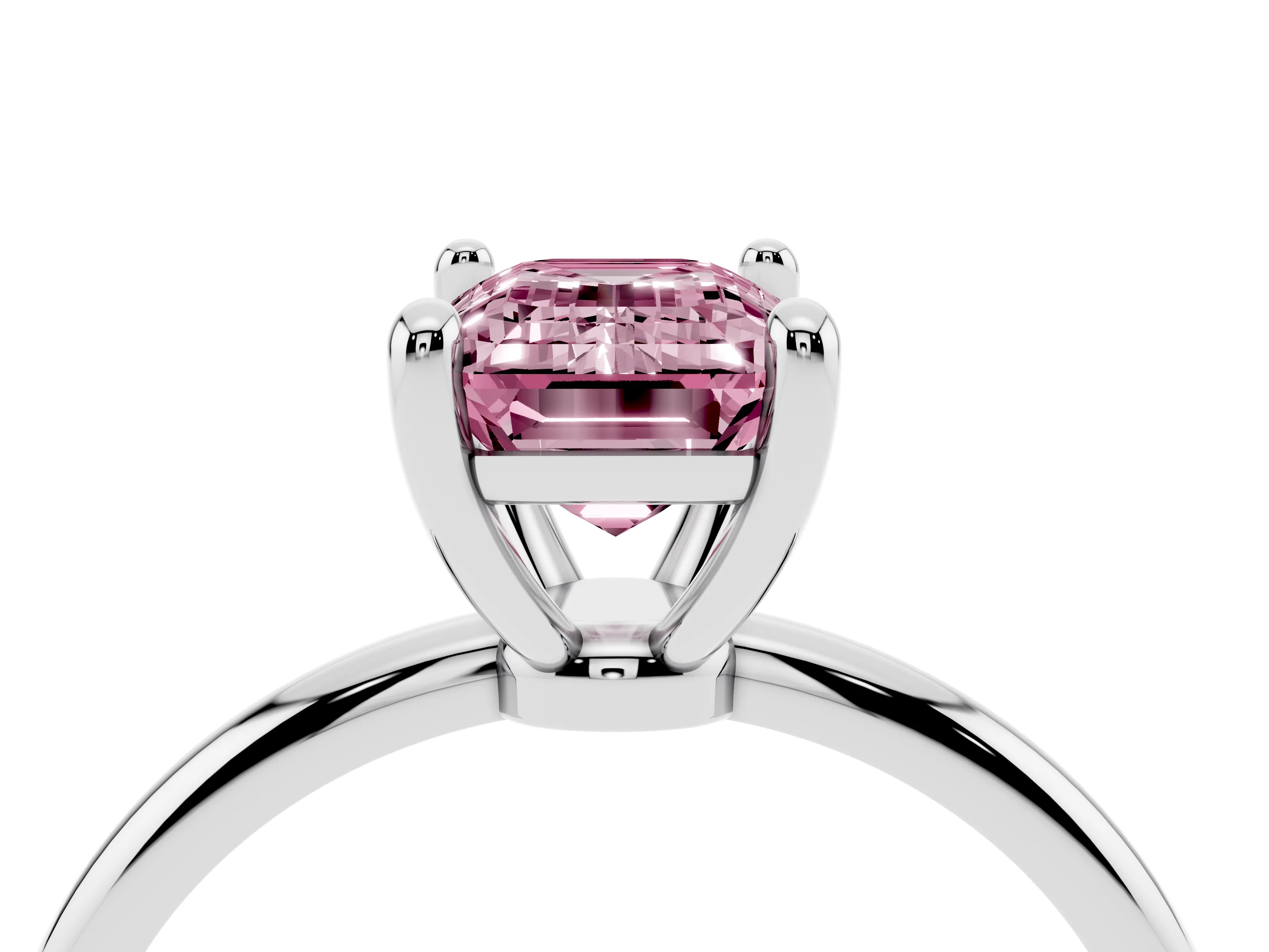Fancy Pink Emerald Cut Diamond Solitaire Ring Set in White gold with Secure Prong Setting on a Classic Band