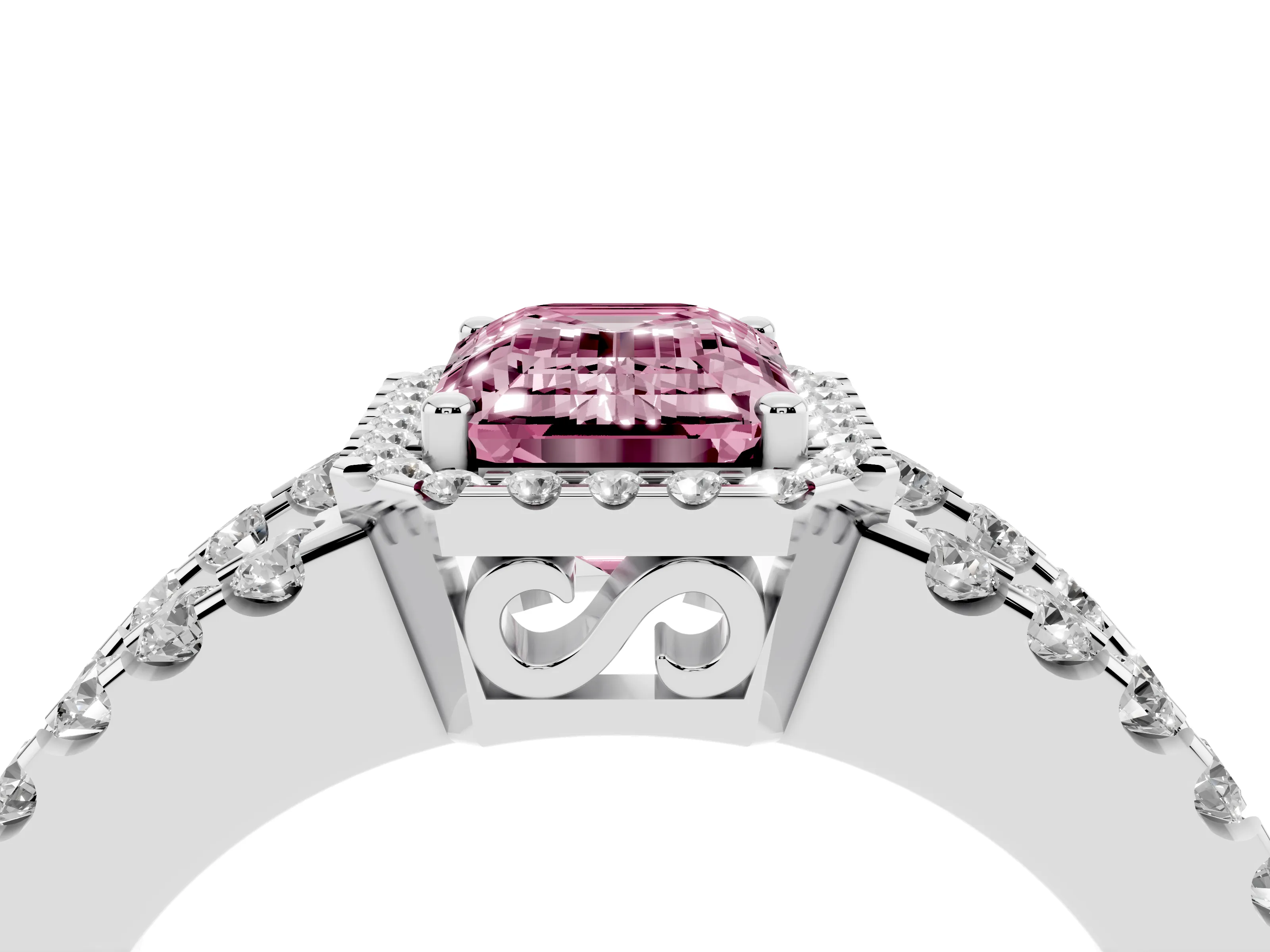 Fancy Pink Emerald Cut Diamond Halo Ring Set in Platinum with Pavé Split Shank and Prong Setting