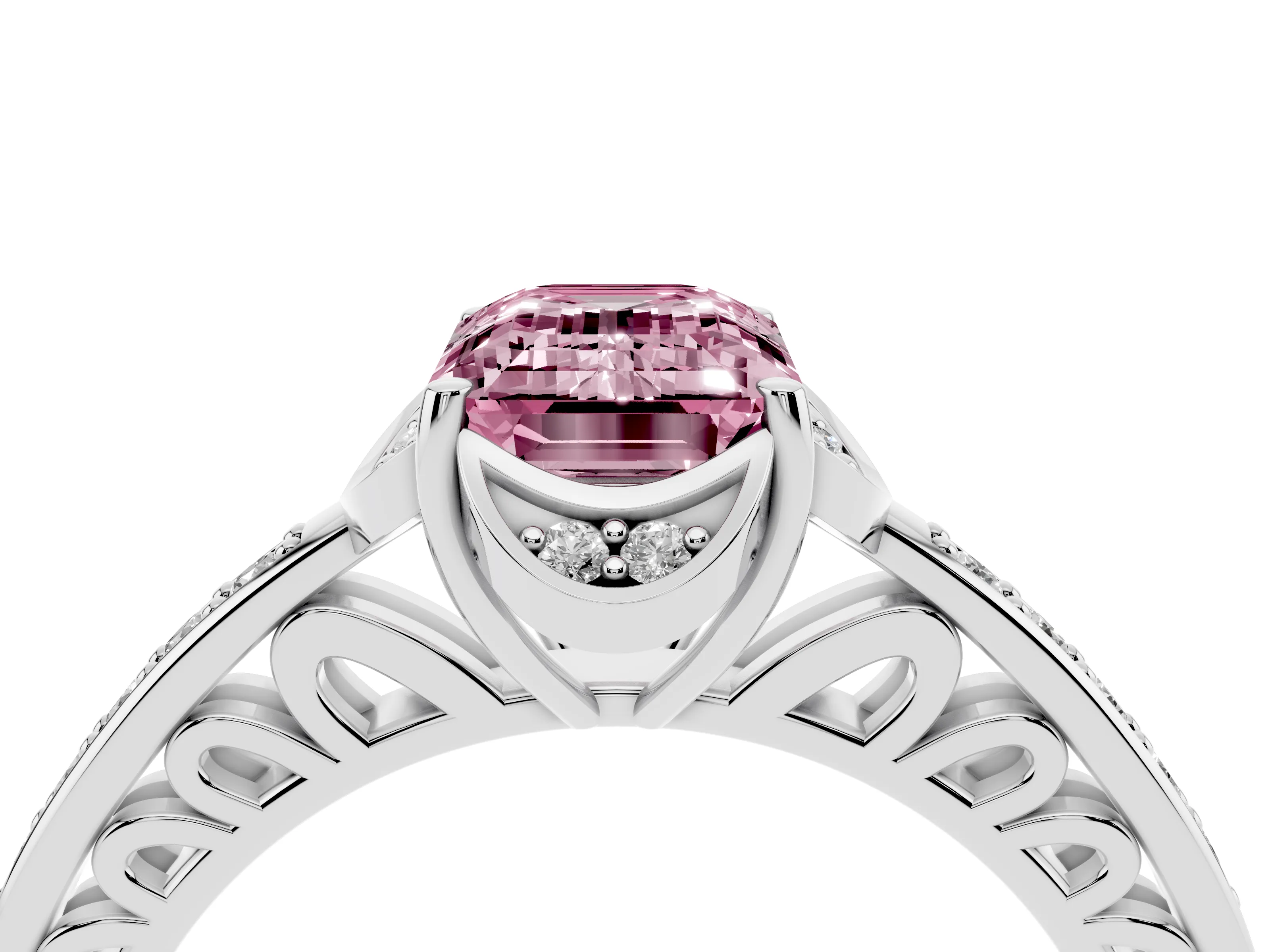 Fancy Pink Emerald Cut Diamond Halo Ring Set in Silver with Channel Set Band and Prong Setting
