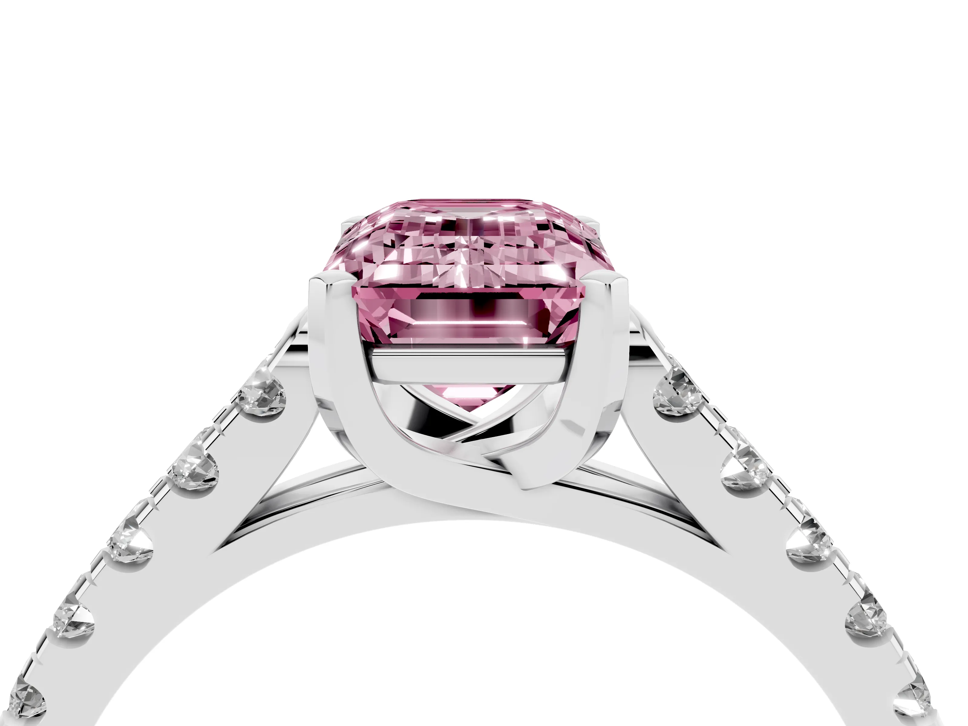 Fancy Pink Emerald Cut Diamond Pavé Band Solitaire Ring Set in White gold with Partway Accent Stones and Prong Setting