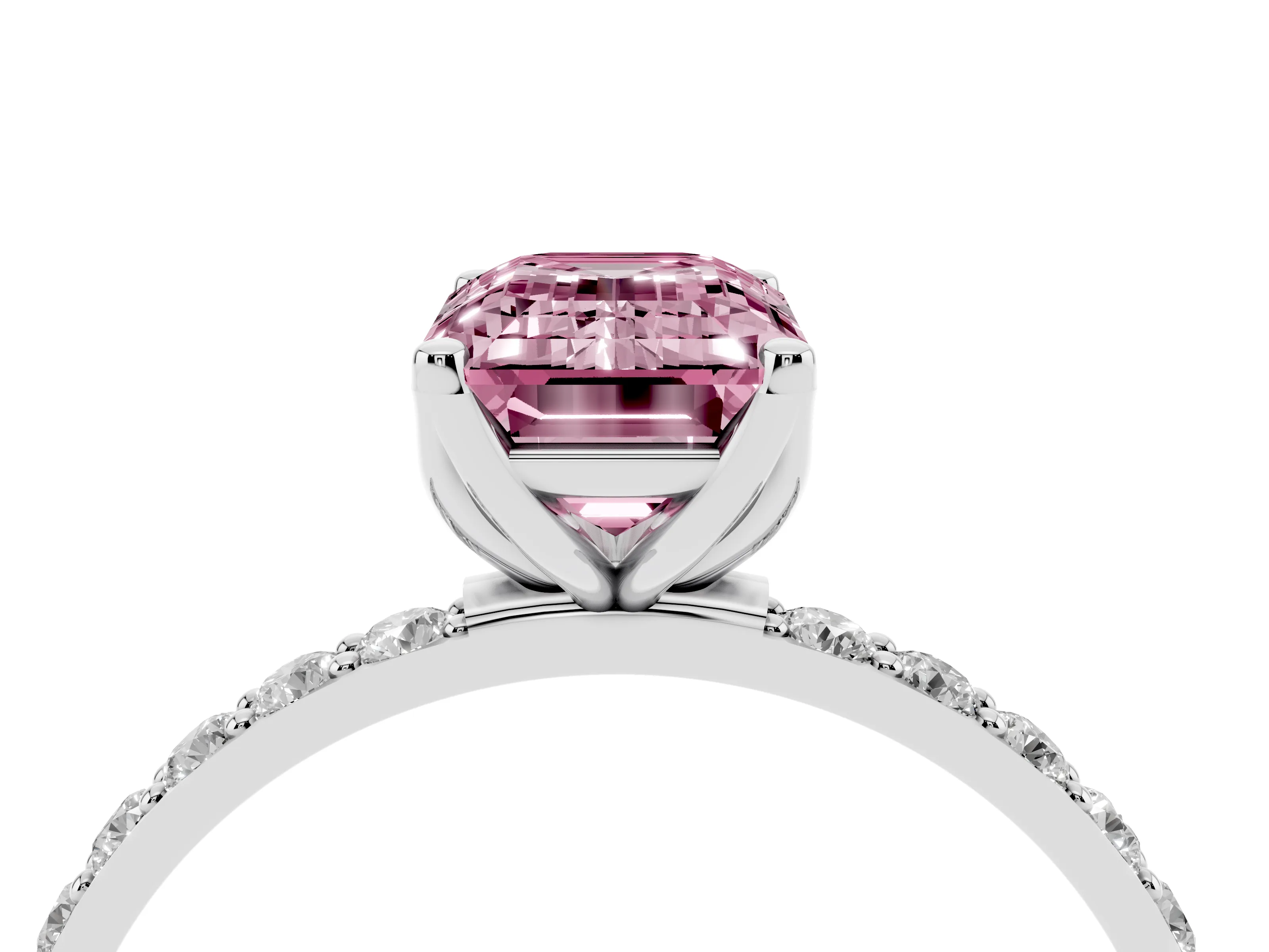 Fancy Pink Emerald Cut Diamond Solitaire Engagement Ring Set in Platinum with Round Pavé Band and Prong Setting