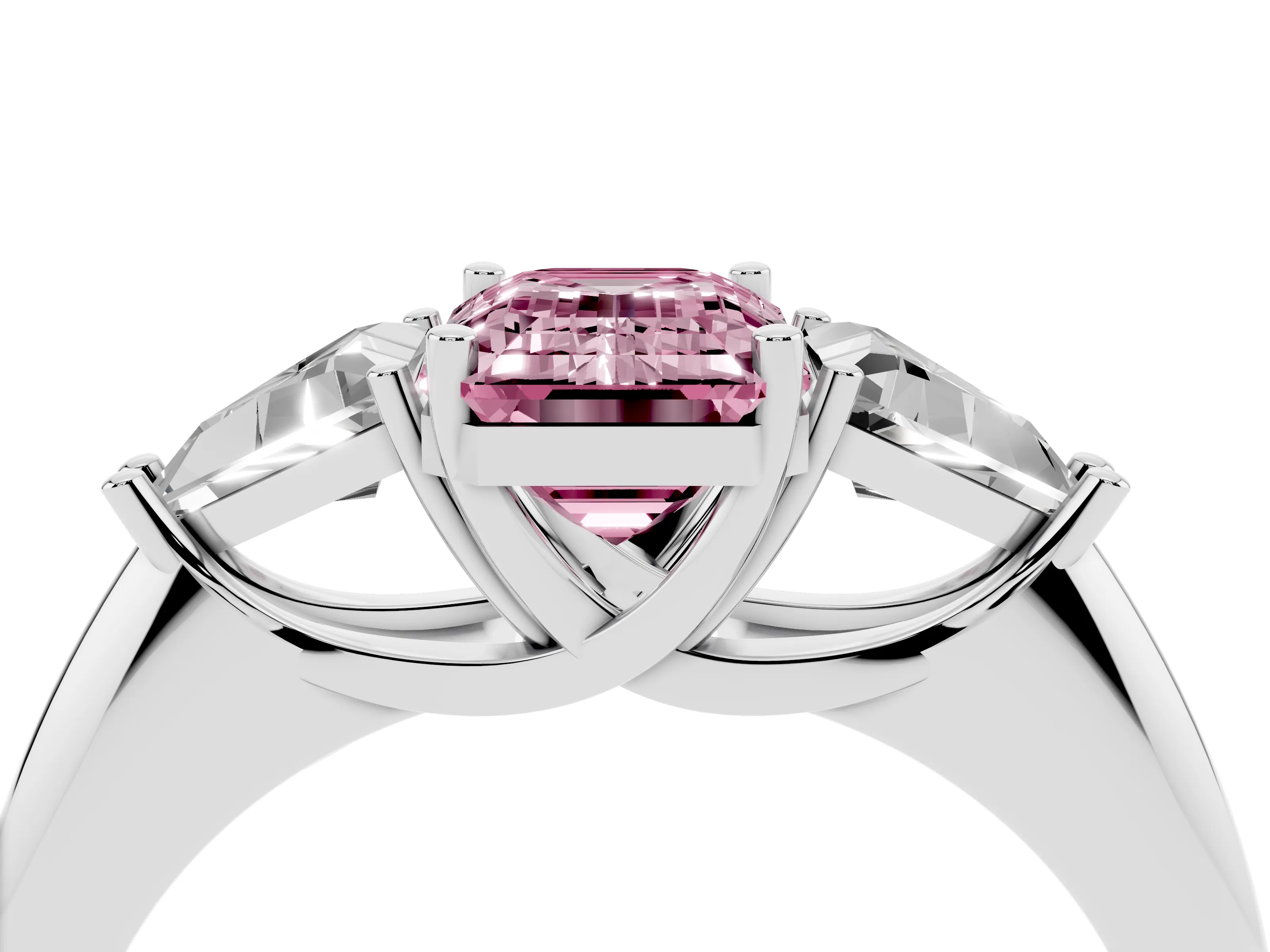 Fancy Pink Emerald Cut Diamond Three-Stone Engagement Ring Set in Silver with Trillion Side Stones